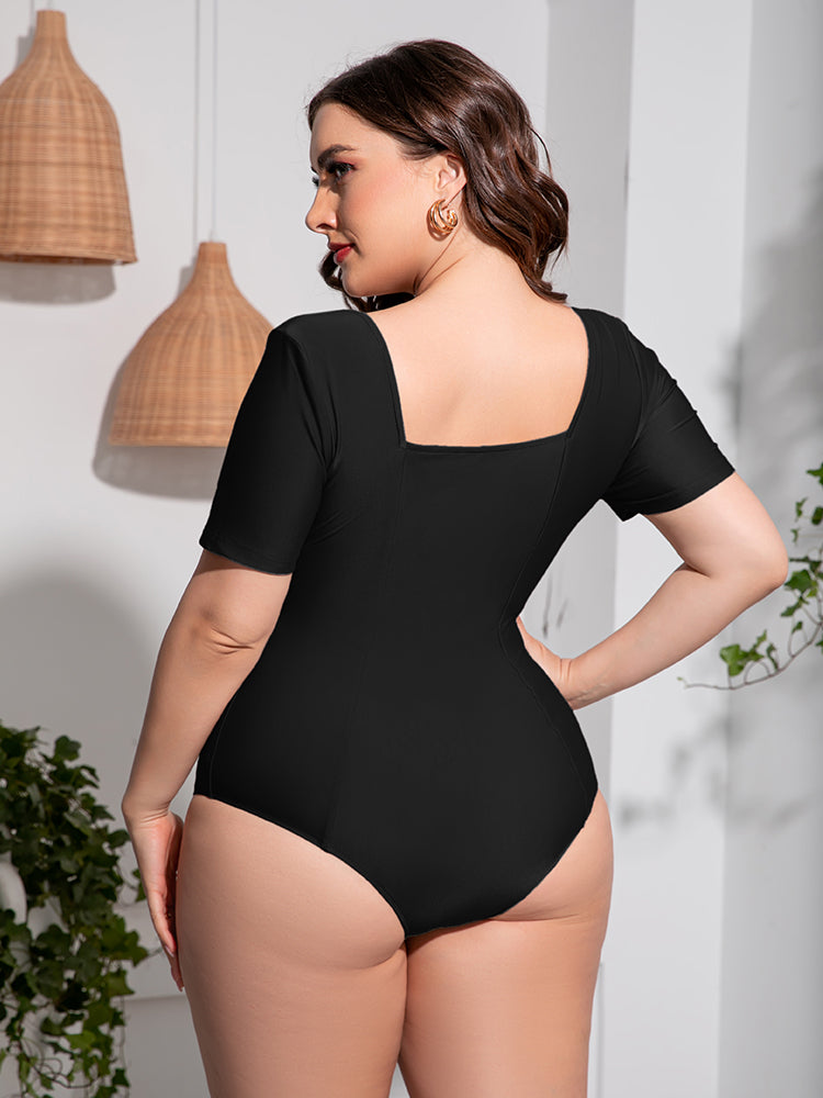 Plus Size Scoop Neck Short Sleeve One Piece Swimsuit for Women - Comfortable Bathing Suit with Tummy Control - Perfect for Beach, Pool, and Summer Vacation