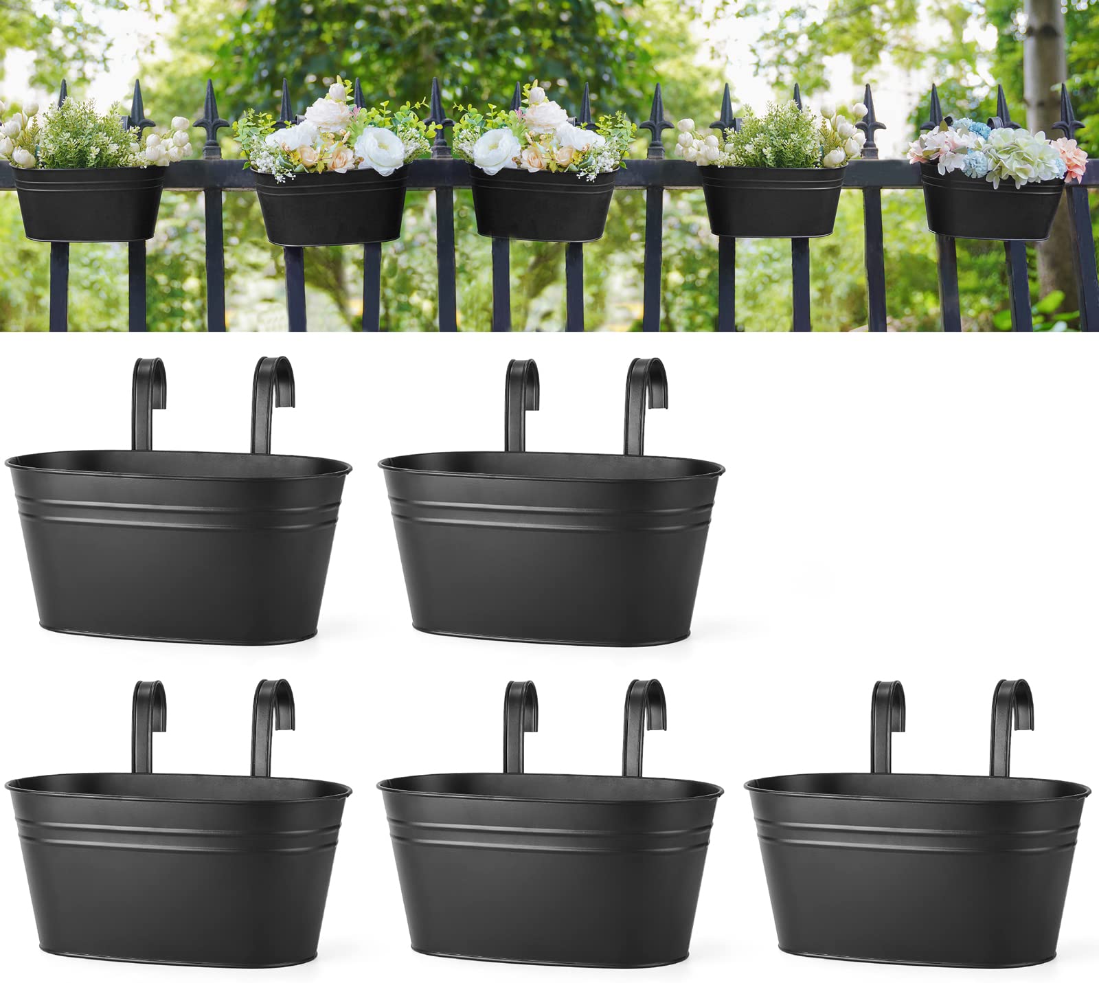 Dahey 5-Pack Black Metal Hanging Flower Pots for Outdoor Railings & Fences - Rustic Window Planters with Detachable Hooks - Perfect for Balcony, Garden & Patio Decor