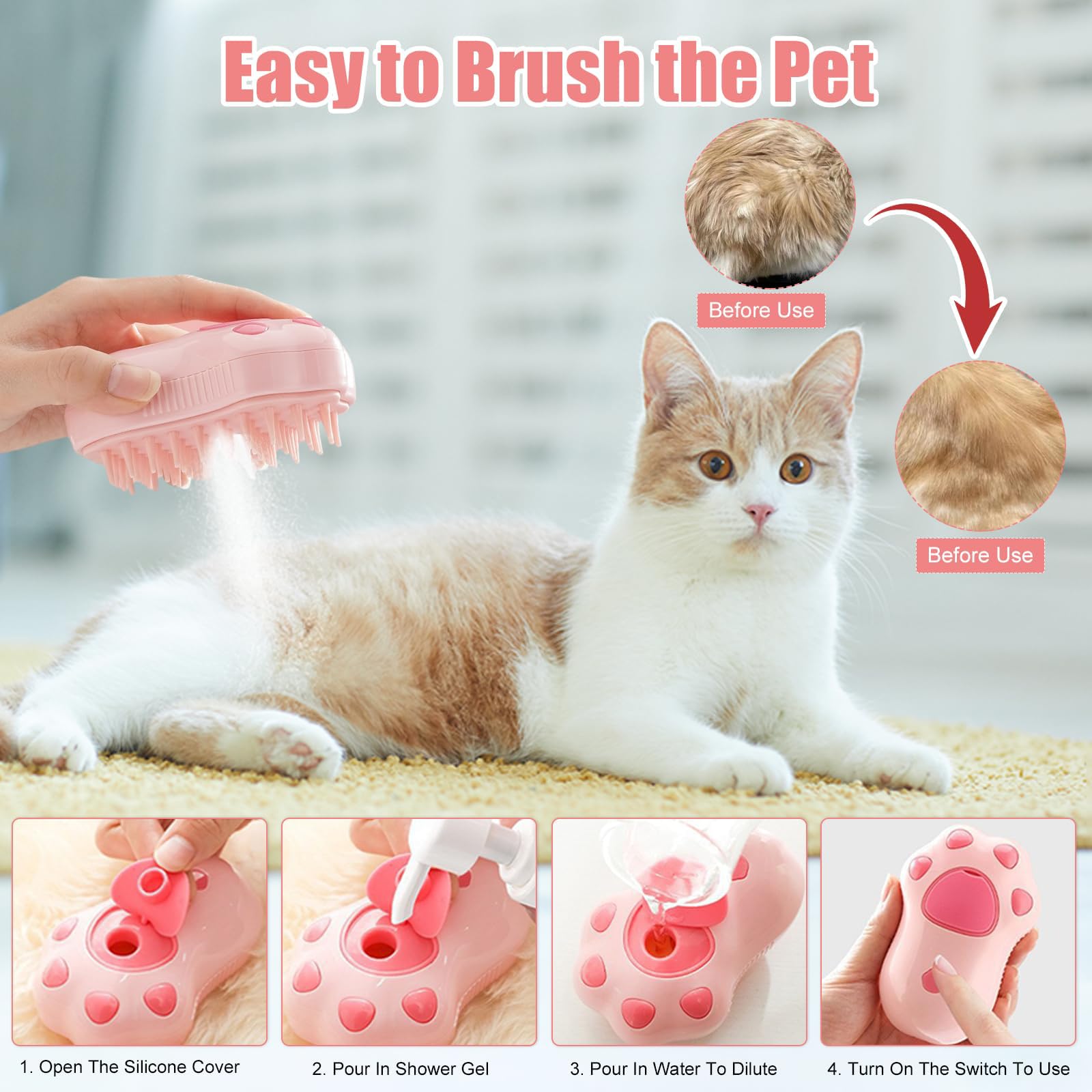 Rechargeable 3-in-1 Cat Grooming Brush - Steam Massage, Self-Cleaning & Hair Removal Tool for Shedding Control in Long/Short Hair Cats & Dogs (Pink) | Perfect for At-Home Pet Grooming & Relaxation Sessions