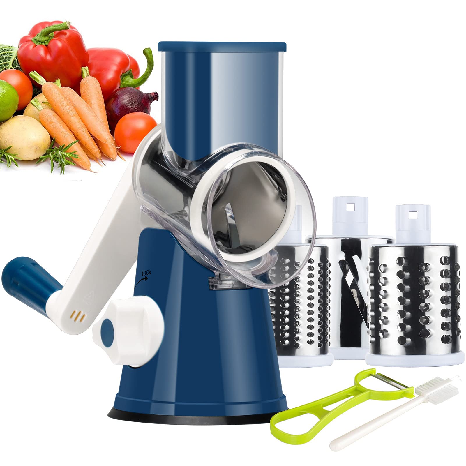 Ourokhome Rotary Cheese Grater - Hand Crank Kitchen Shredder with 3 Blades for Cheese, Vegetables, Nuts & Chocolate | Mandolin Slicer for Potato, Carrot & More | Perfect for Meal Prep, Baking & Cooking | Dark Blue