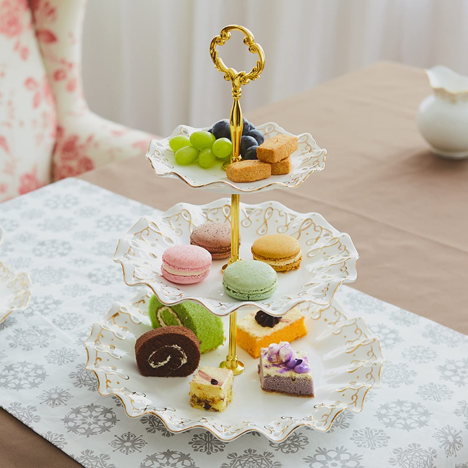 3-Tier Ceramic Fruit Bowl Set for Afternoon Tea - European Style Dessert Tray & Cake Stand for Living Room, Home Decor, Parties & Entertaining