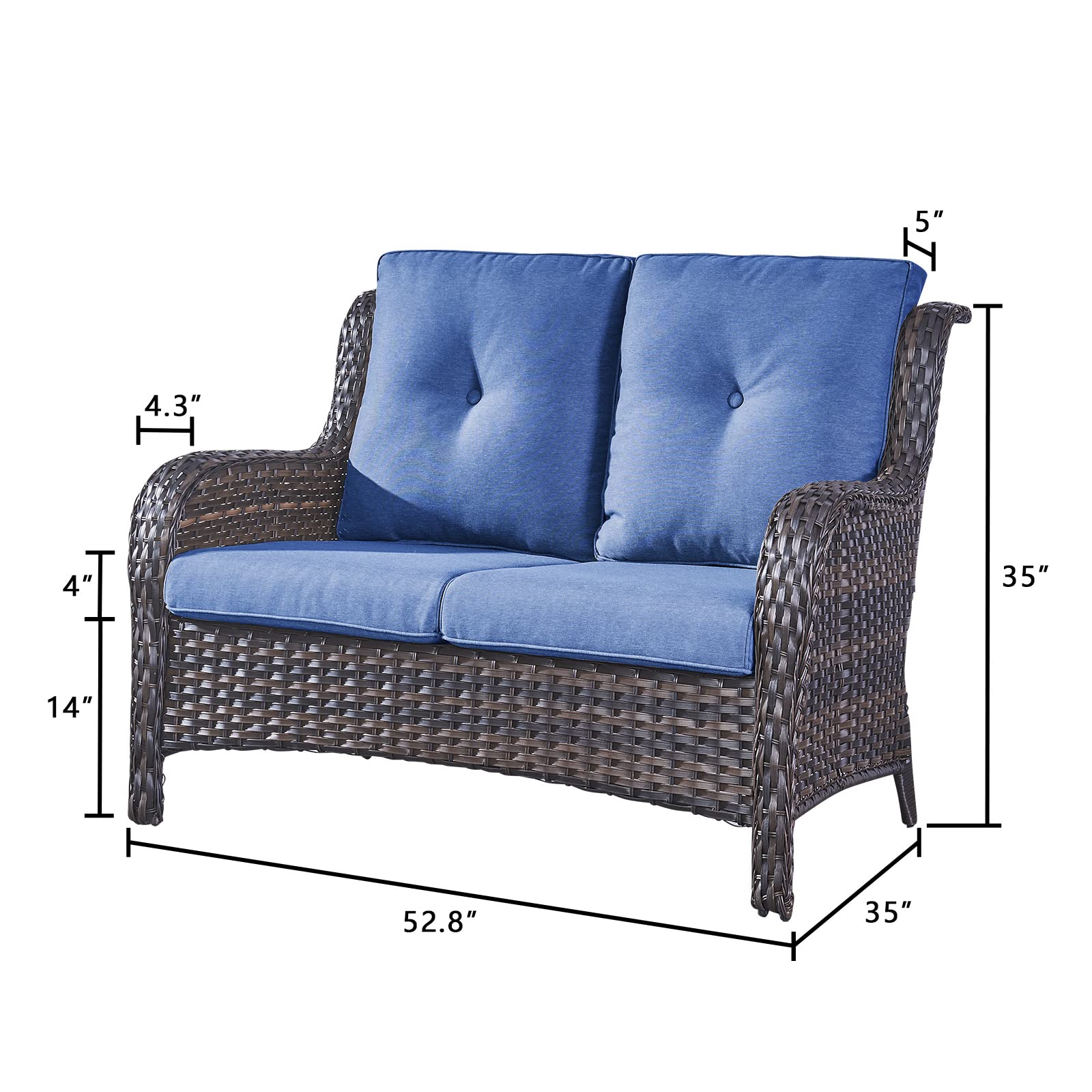 2-Seat Wicker Patio Loveseat - Deep Seating Rattan Outdoor Sofa with Cushions for Porch, Deck, Balcony (Brown/Blue) | Perfect for Backyard Relaxation, Garden Lounging & Poolside Comfort