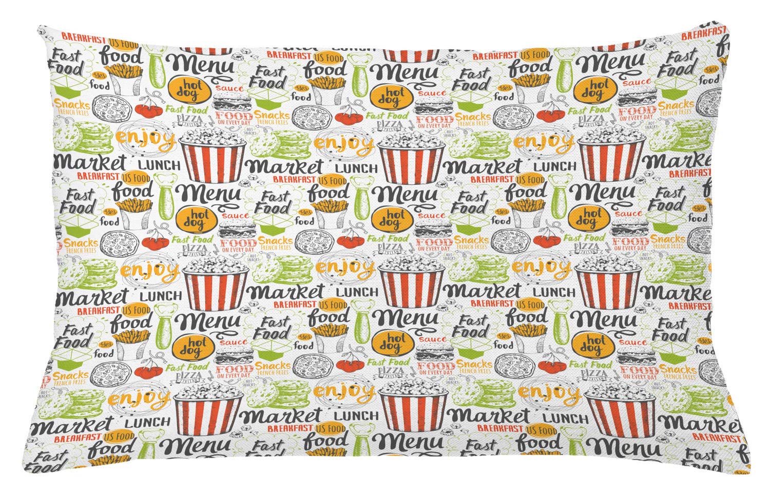 Lunarable Food Themed Throw Pillow Cover - Sketch Style Snacks, Popcorn, Fries, Burger & Pizza Colorful Illustration with Words - Decorative Rectangle Accent Cushion Case 26x16 Inch - Perfect for Living Room, Bedroom, Dorm Decor & Gift Ideas