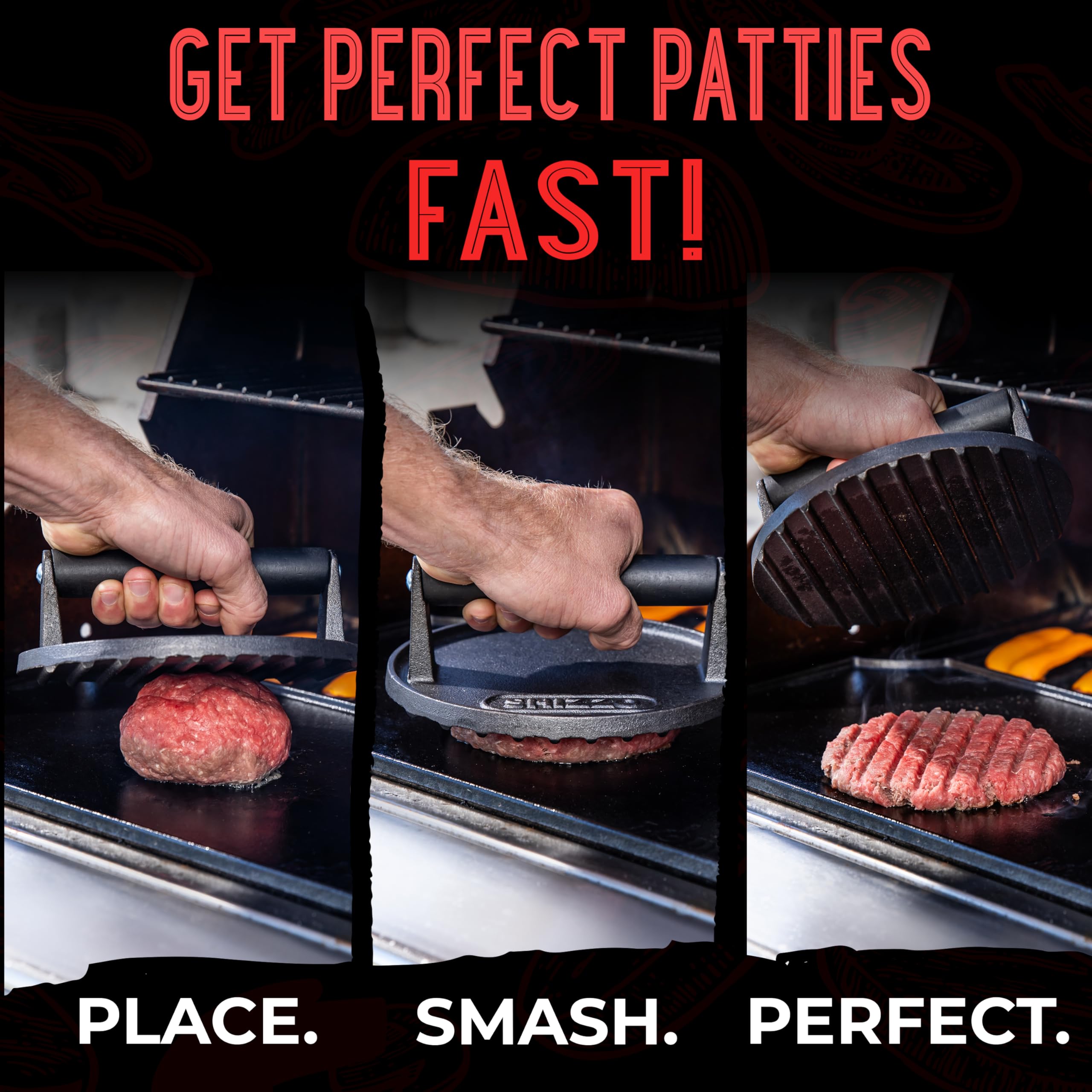 Cast Iron Smash Burger Press Kit - Heavy Duty Round & Rectangle Bacon Smasher with 50 Patty Papers - Weighted Grill Press for Smashburgers, Griddle Cooking Tools & Hamburger Making - Perfect for Backyard BBQs, Diner-Style Burgers & Restaurant-Quality Home Cooking