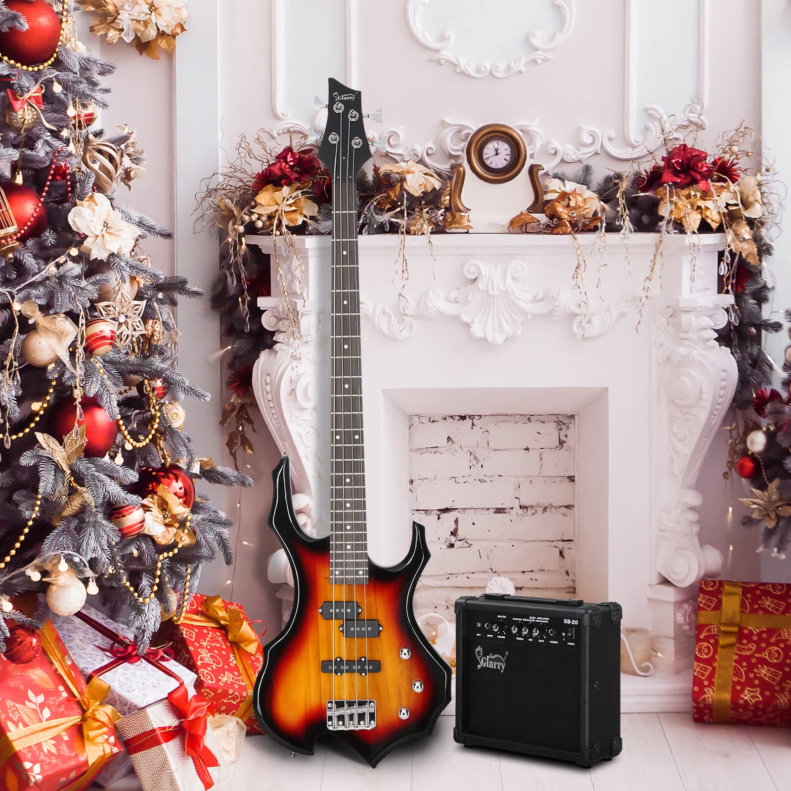 GLARRY 4-String Electric Bass Guitar with Buring Fire Design - Single Coil & Split Coil Pickups for Beginners & Adults (Right Hand) - Includes 20W Amp, Gig Bag, Strap & Cable (Sunburst) - Perfect for Rock, Jazz & Home Practice Sessions