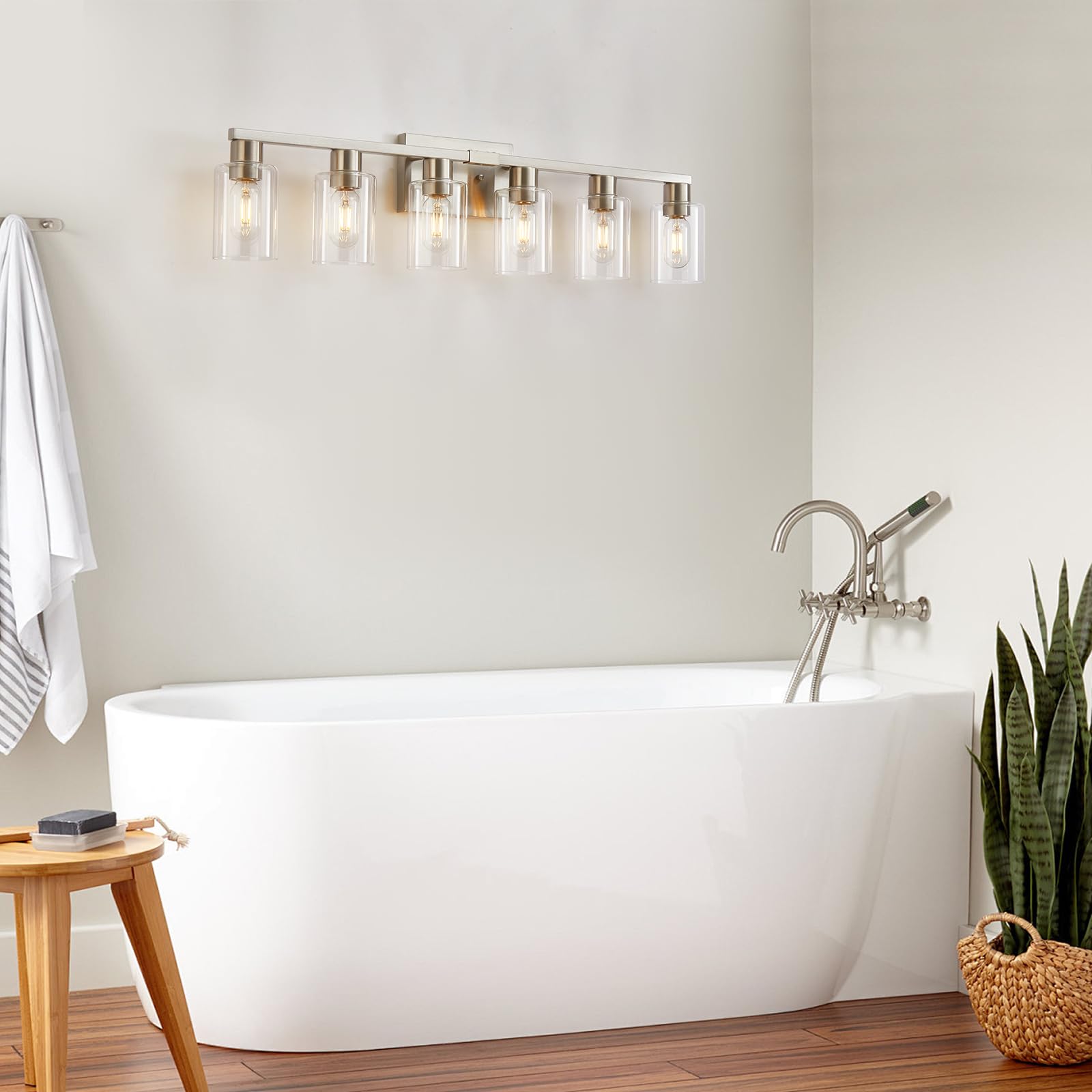 6-Light Brushed Nickel Bathroom Vanity Light Fixture - Modern Wall Sconce with Clear Glass Shade for Mirror Lighting - Perfect for Master Bath, Powder Room & Spa-Style Decor