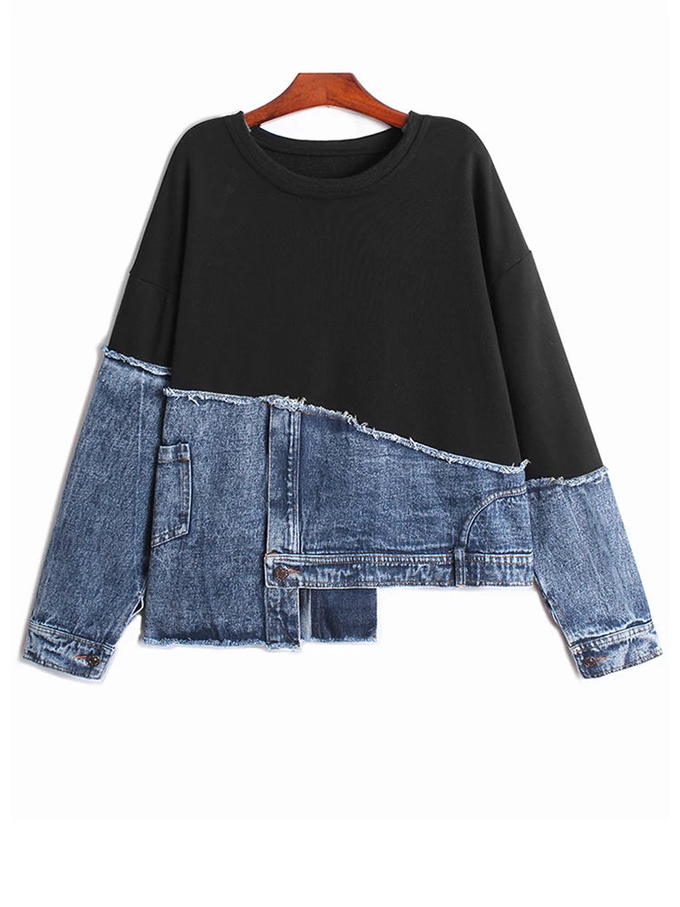 Black Distressed Denim Casual Sweatshirt for Women - Oversized Round Neck Long Sleeve Pullover | Trendy Streetwear for Spring & Fall 2025 | Perfect for Layering, Weekend Outings & Casual Fashion (Style: 1DH5370)