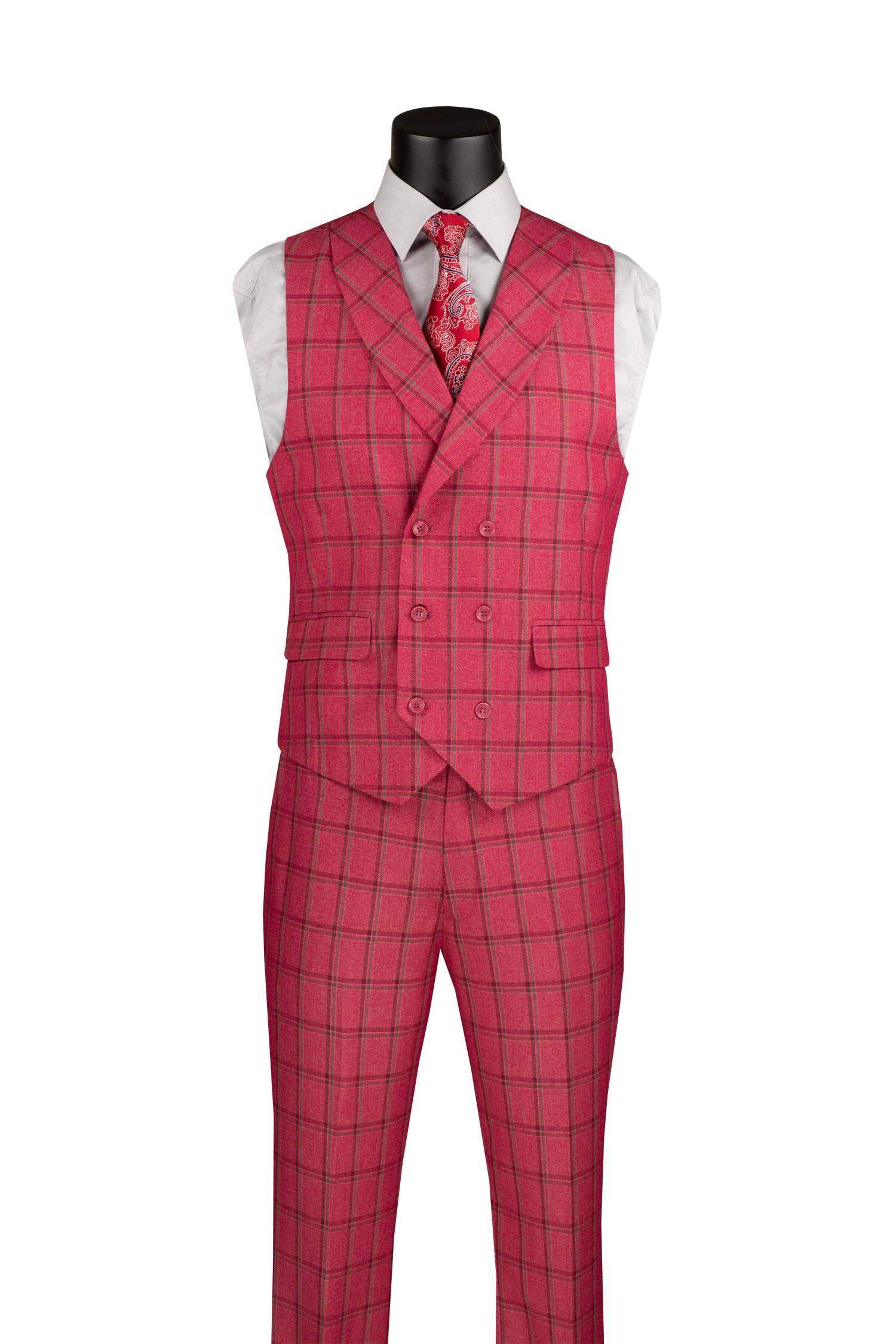 La Scale Collection Men's Windowpane Three Piece Suit in Raspberry - Perfect for Weddings, Business Meetings & Formal Events