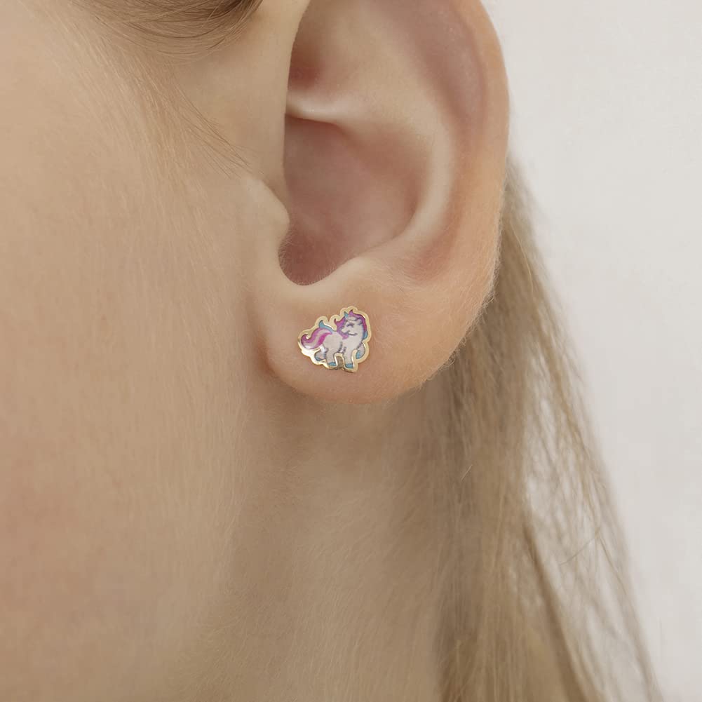 14K Yellow Gold Rainbow Unicorn Screw Back Earrings for Girls - Hand-Painted Enamel Princess Earrings for Toddlers & Teens | Perfect for Birthday Gifts, Party Wear & Everyday Fashion Accessories