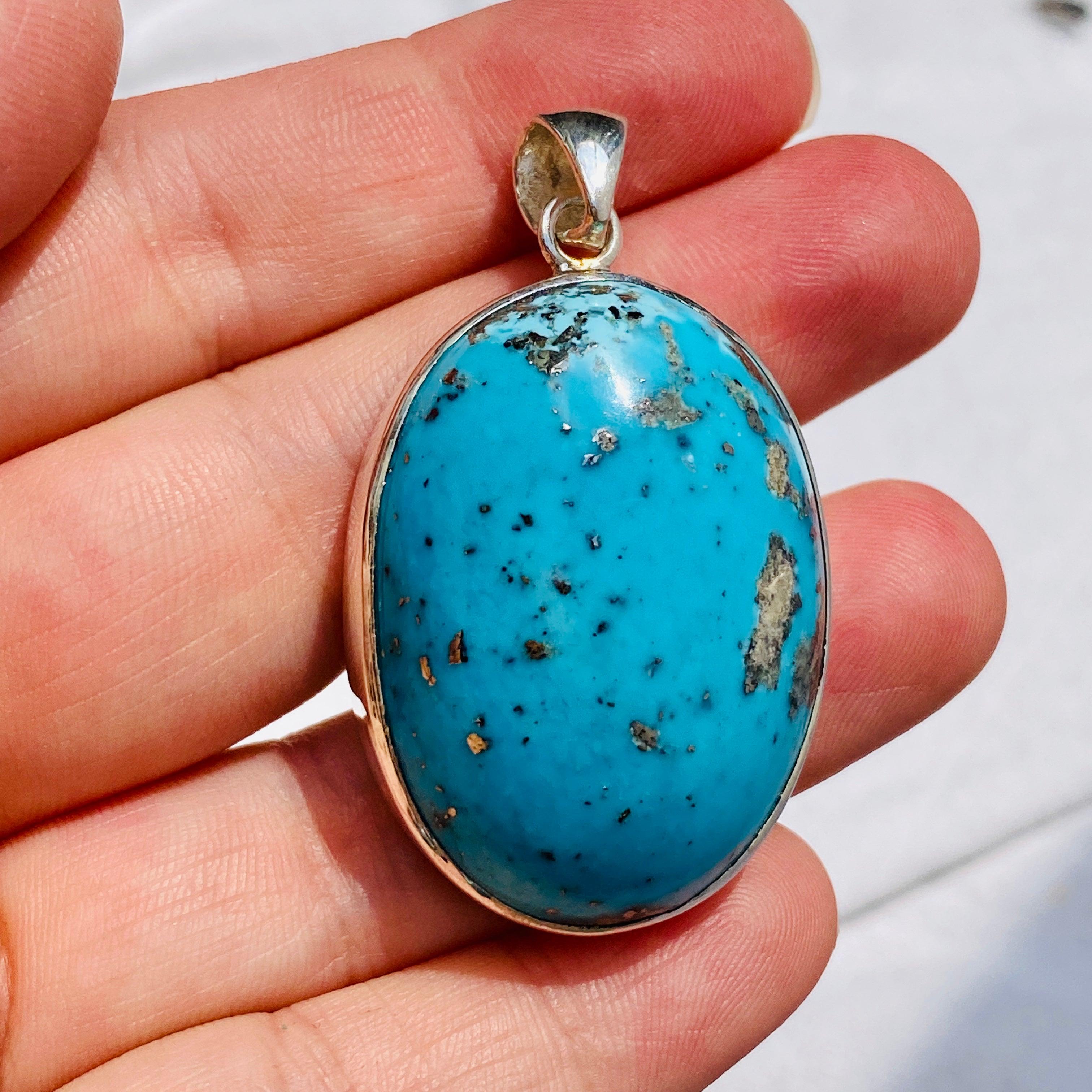 Natural Persian Turquoise & Pyrite Oval Cabochon Pendant KPGJ1712 - Handmade Jewelry for Women, Boho Chic Necklace, Perfect for Gifts & Everyday Wear