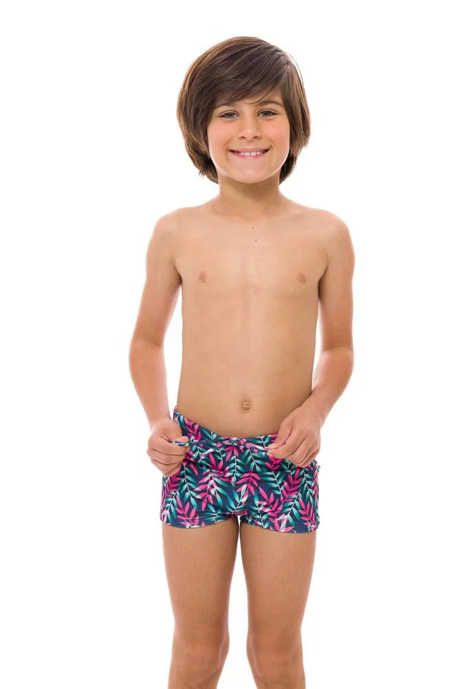 Royal Blue Neon Leaves Boys Swim Briefs - Quick Dry Swim Trunks for Kids, Comfortable Swimwear for Beach, Pool & Summer Activities
