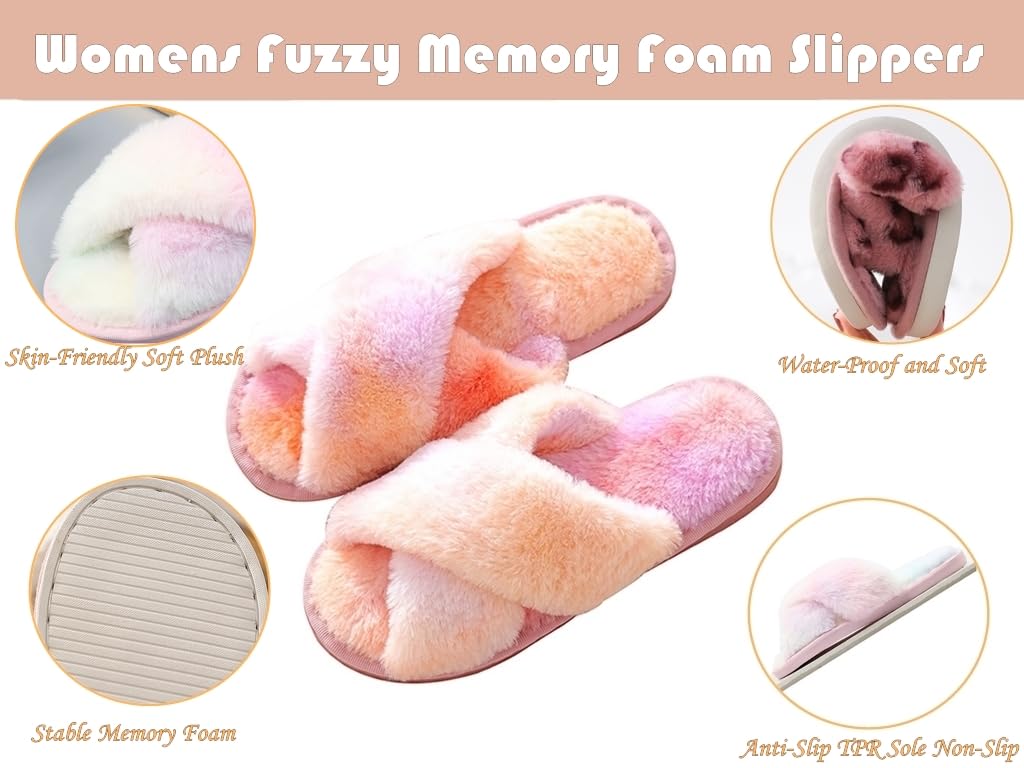 Women's Fuzzy Memory Foam Open Toe Slippers - Soft Cross Band House Shoes for Indoor Comfort, Lounge Wear & Cozy Home Relaxation