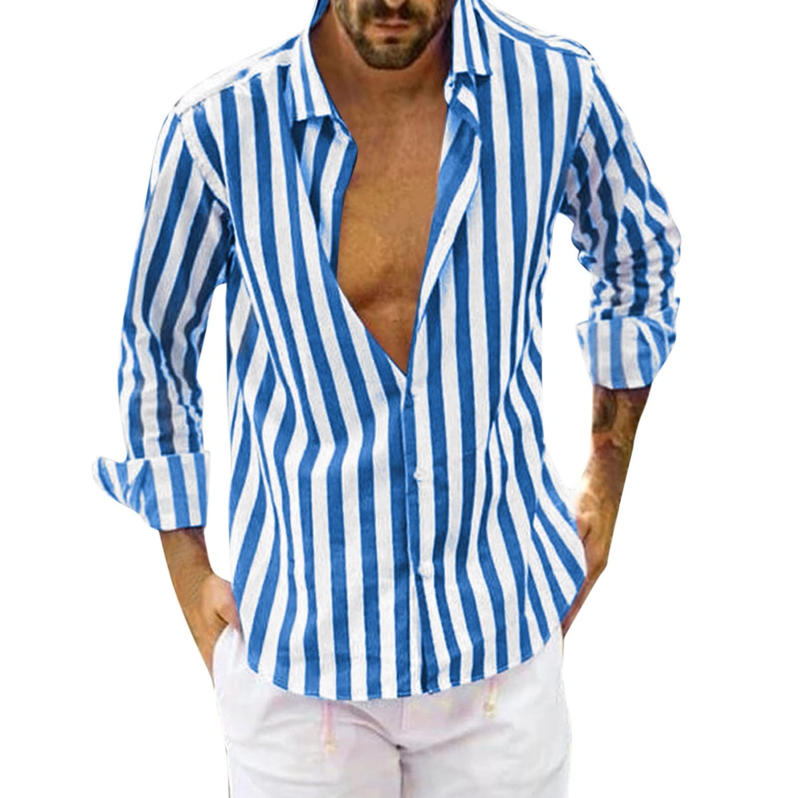 Men's Striped Casual Long Sleeve Button Down Shirt with Lapel Cardigan Style - Perfect for Office Wear, Business Casual & Everyday Outfits (Tall Sizes Available)