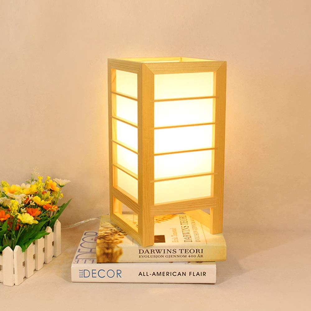Modern Pine Wood Table Lamp - Simple Creative Wooden Bedside Lamp with Warm LED Bulb for Bedroom, Living Room & Tatami Decor - Natural Wood Frame Lighting