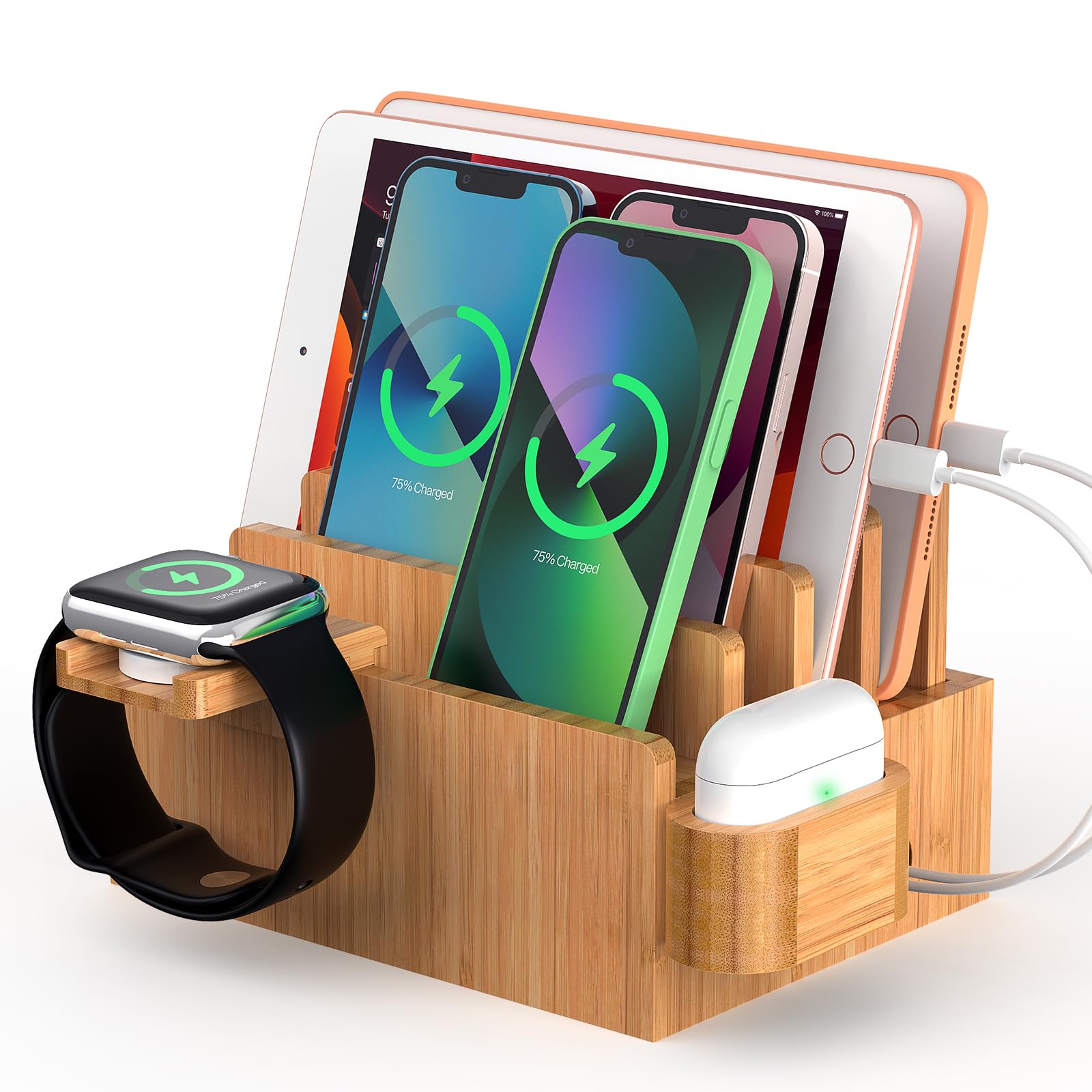 Pezin & Hulin Bamboo Charging Station Organizer - 5-Slot Multi Device Dock for iPhone, Android Phone, Tablet, SmartWatch & AirPods with 5 Included Cables (No USB Charger) | Perfect for Home Office, Bedside & Clutter-Free Desk Organization