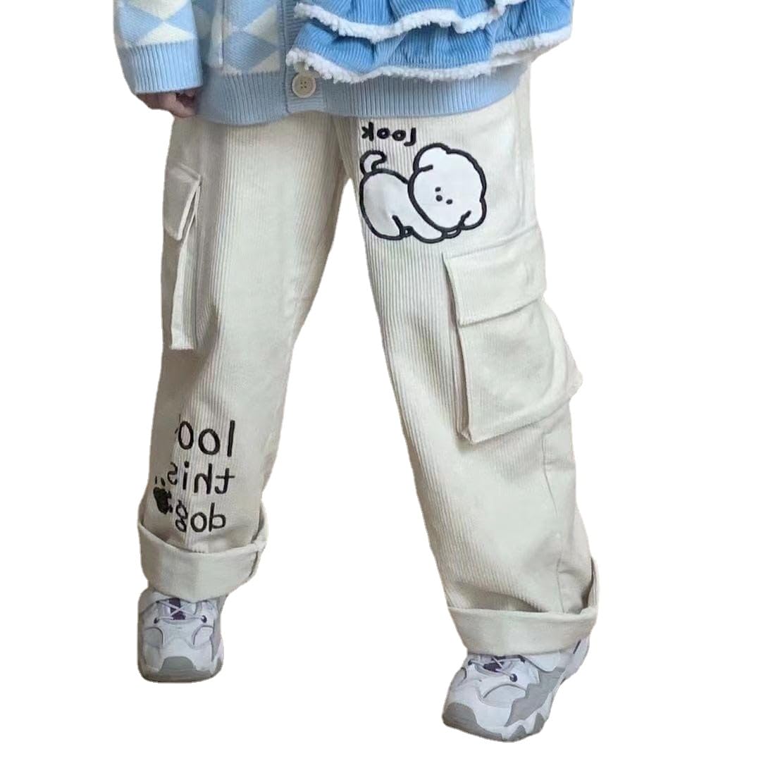 Japanese Cartoon Letter Embroidery Preppy Pants - Y2K Aesthetic High Waist Casual Trousers with Pockets | Harajuku Streetwear, Loose Fit for Women | Perfect for Daily Wear, School, and Anime Fashion Outfits