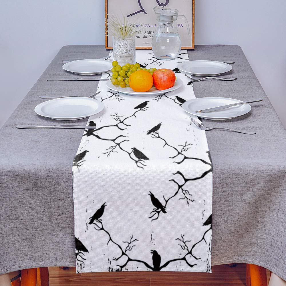 Halloween Black Crow Table Runner - 90 Inch Long Washable Decor with White Background for Round, Kitchen, Coffee & Dining Tables - Perfect for Spooky Home, Party & Living Room Decorations