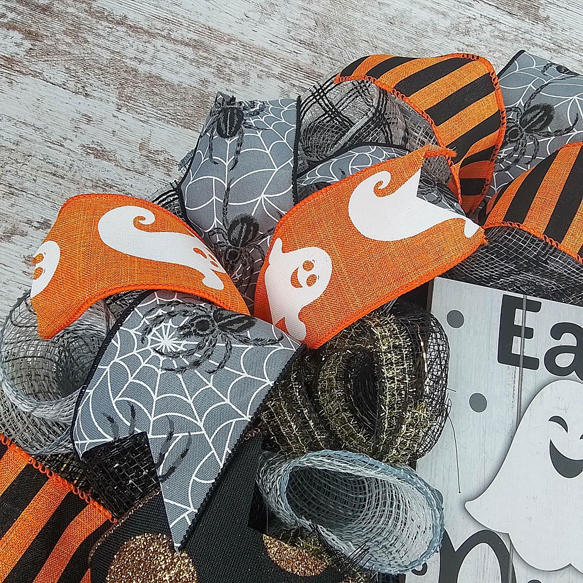 Spooky Halloween Mesh Wreath for Front Door - Black, White, Gold & Orange Ghost Decor | Perfect for Halloween Party Decorations & Haunted House Themes
