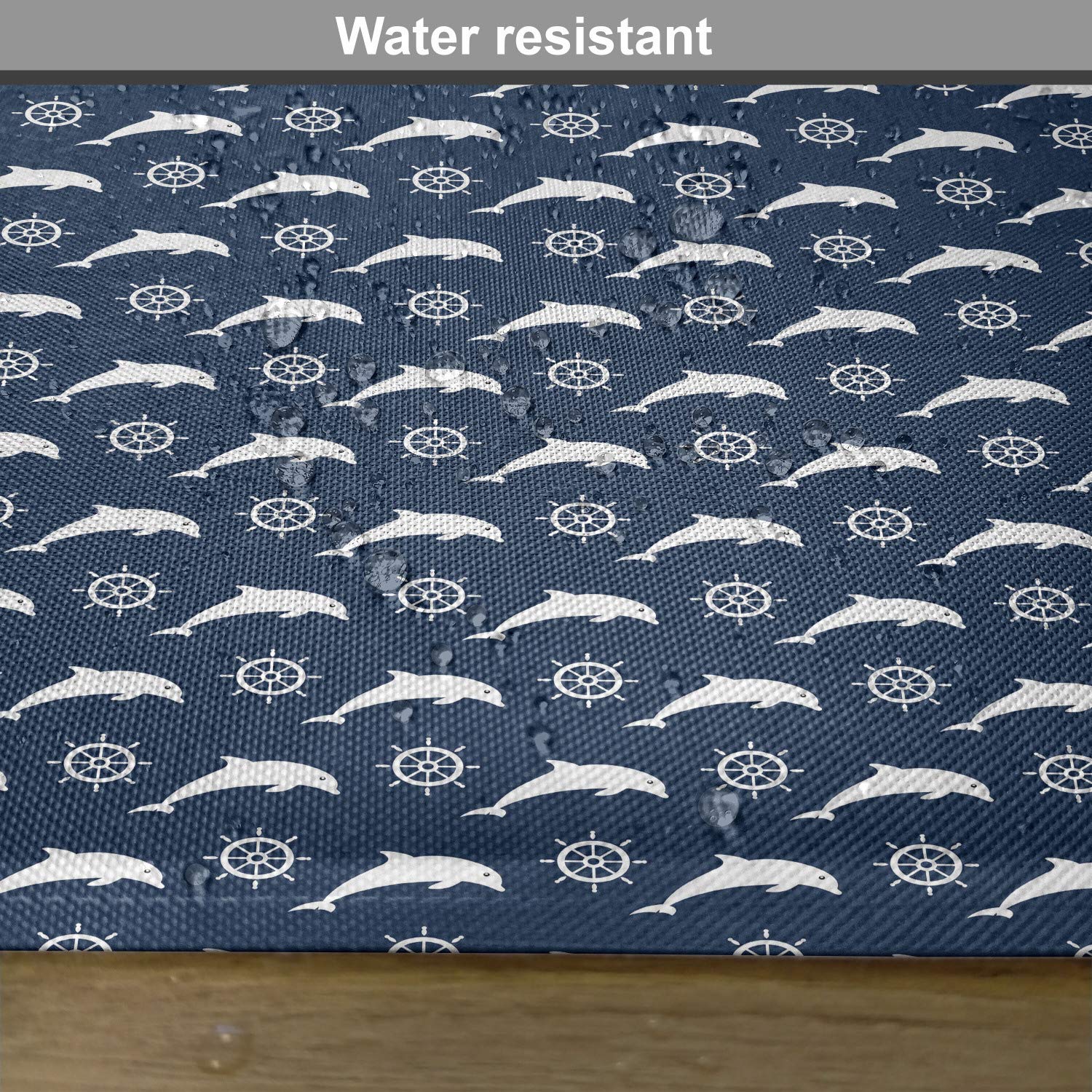 Lunarable Dolphin Place Mats Set of 4 - White Maritime Design with Dolphin Silhouettes & Steering Wheels - Washable Fabric Table Mats for Dining Room - Standard Size Night Blue - Perfect for Beach House Decor, Nautical Theme Parties & Coastal Style Dining