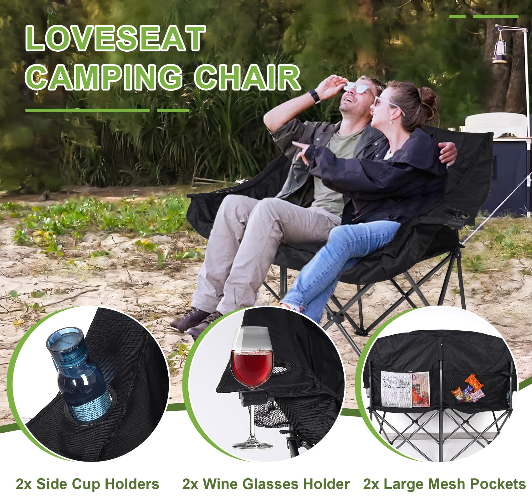 **2-Person Oversized Padded Folding Camping Chair for Adults – Heavy Duty 600LB Capacity, Double Loveseat with Cup & Wine Glass Holders – Perfect for Outdoor Camping, Picnics, Beach & Backyard Relaxation**