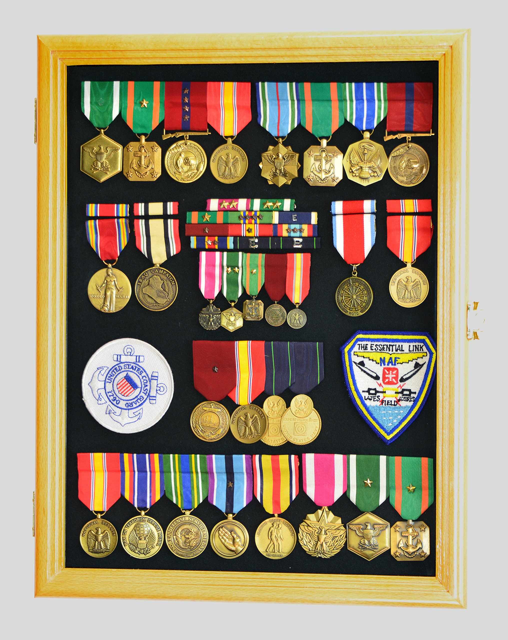 Military Medals, Pins, Badges & Insignia Display Case - Lockable Shadowbox Cabinet with Pinnable Backdrop for Flags, Ribbons & Patches | Perfect for Home, Office & Military Memorabilia Showcase
