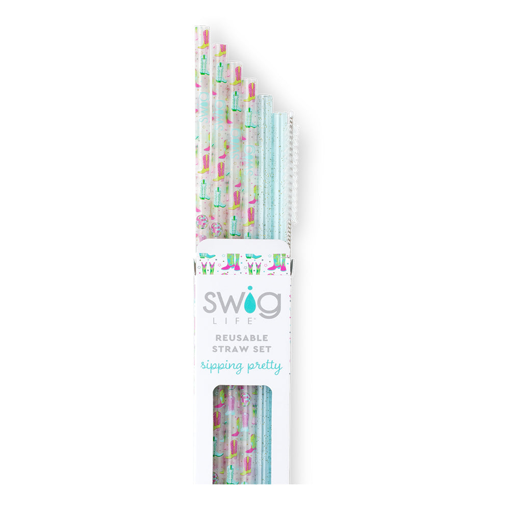 Disco Cowgirl & Aqua Glitter Reusable Straw Set - 12 Pack Eco-Friendly Metal Drinking Straws with Cleaning Brush for Parties, Home, Bars & Travel