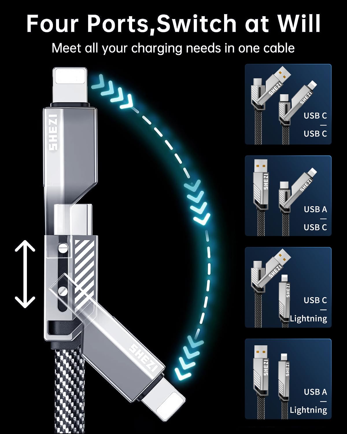 Upgraded 2.0 SHEZI 4-in-1 USB C Cable 60W 5FT Fast Charging & Data Sync - MFI Certified Lightning Cable with Flat Braided Design - Compatible with iPhone 15/14/13, iPad, Samsung Galaxy & More - Perfect for Travel, Office & Home Charging