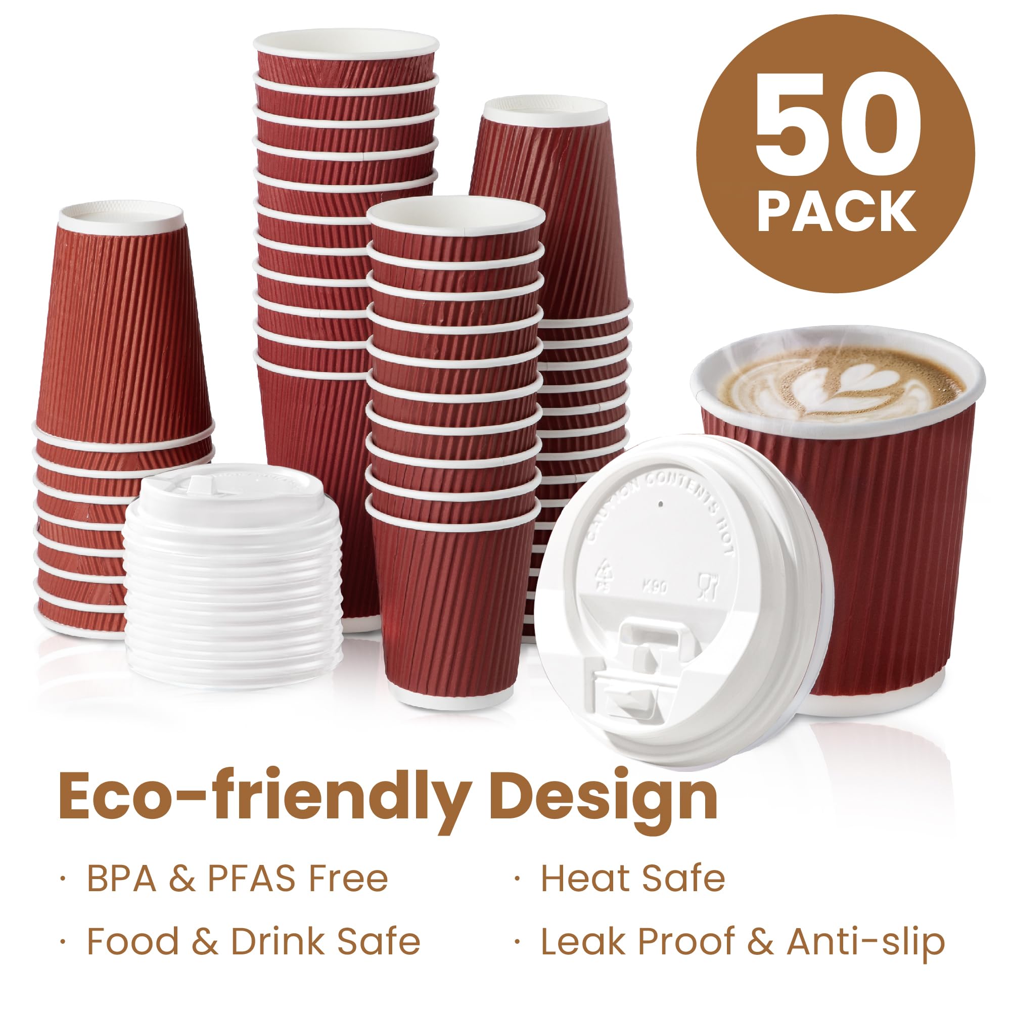 50 Pack 8 oz Disposable Coffee Cups with Lids & Stirrers - Triple Wall Insulated Hot Drink Cups for Coffee, Tea, Cocoa - Perfect for Office, Cafes, Parties & Holiday Gatherings (Red Cups with White Lids)