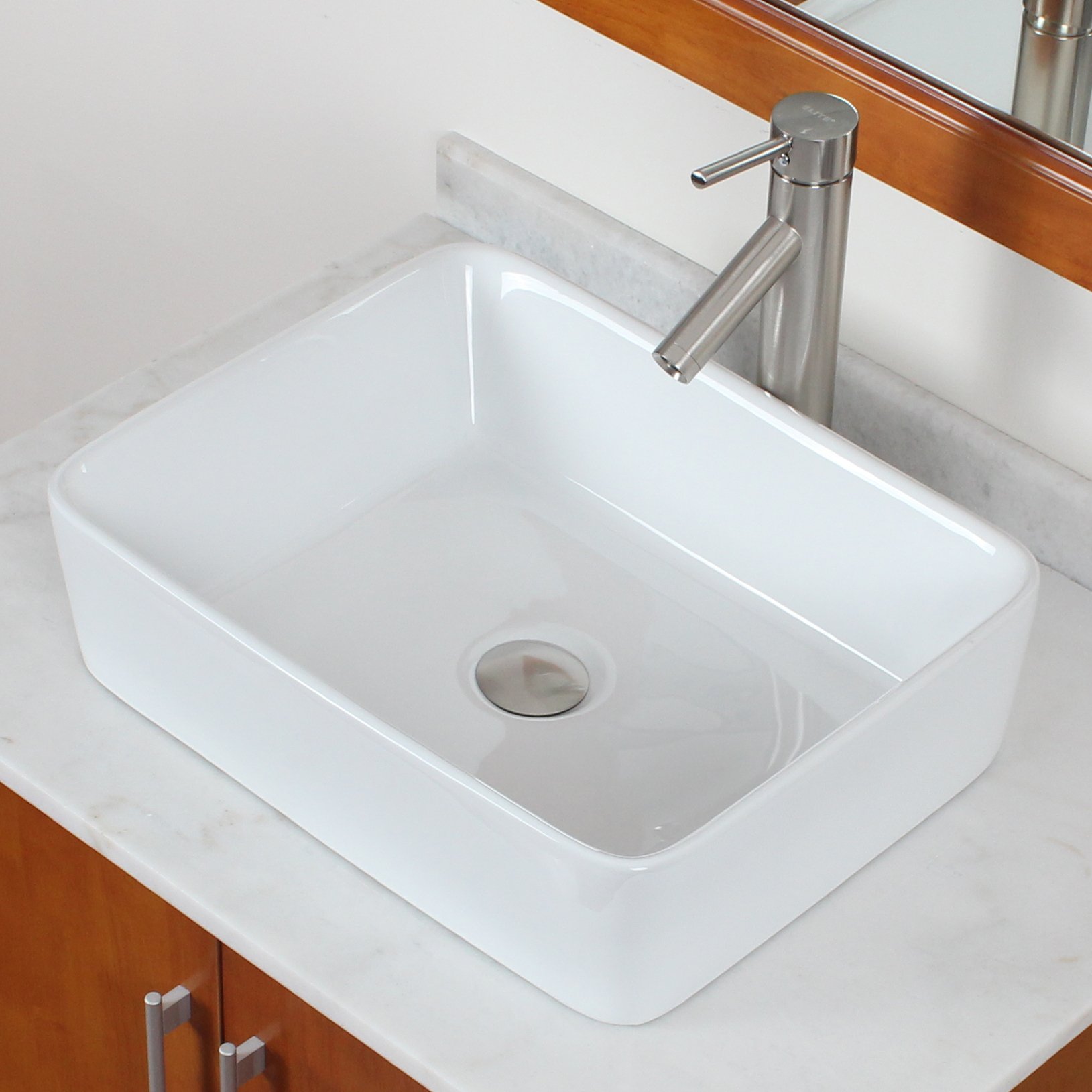 Premium Ceramic Porcelain Rectangular Vessel Sink with Brushed Nickel Faucet - Modern Bathroom Vanity Set for Contemporary Homes & Luxury Hotels