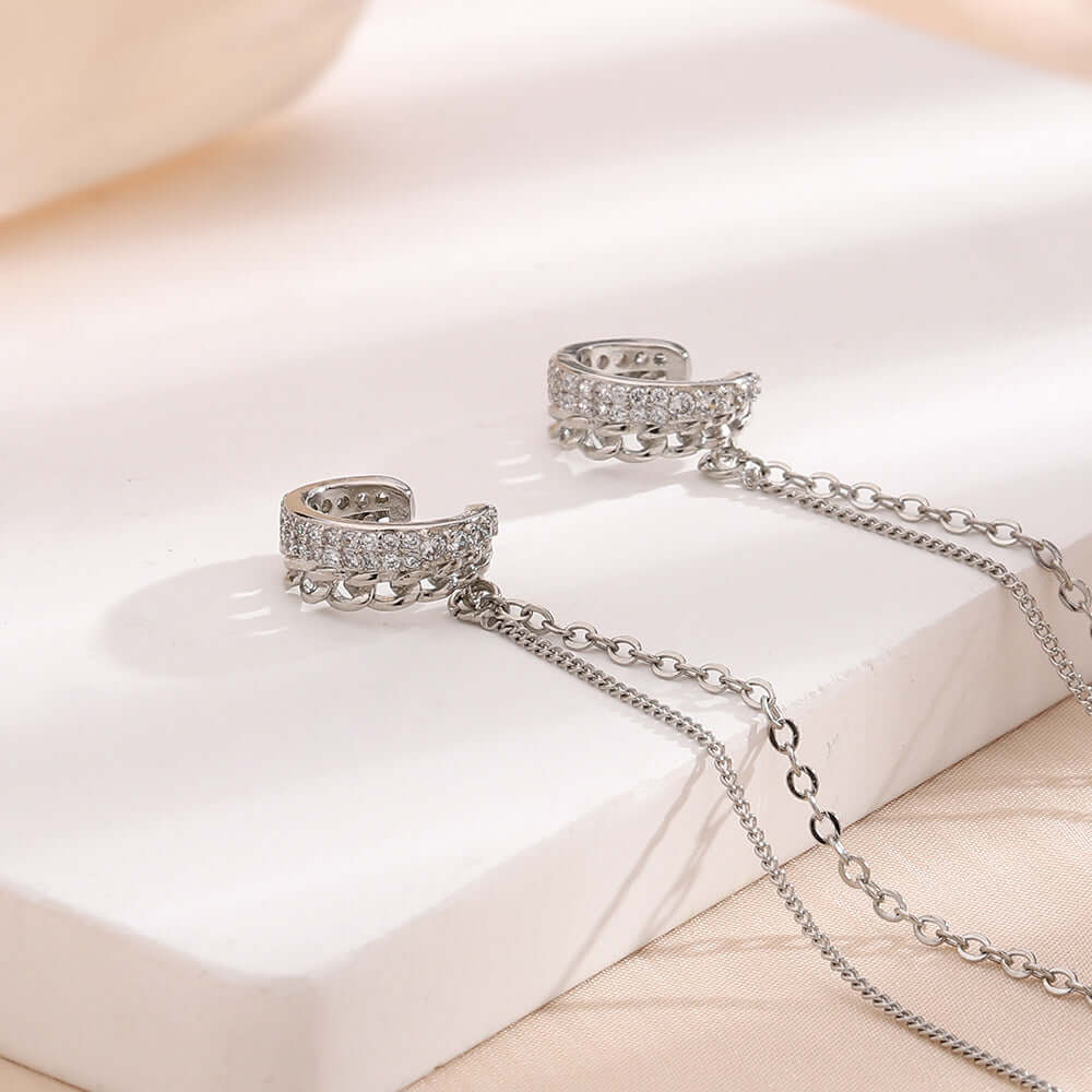 Silver Tassel Two Hole Link Chain Ear Cuff Earrings for Women | Boho Chic Jewelry for Parties, Weddings & Everyday Wear | R2772