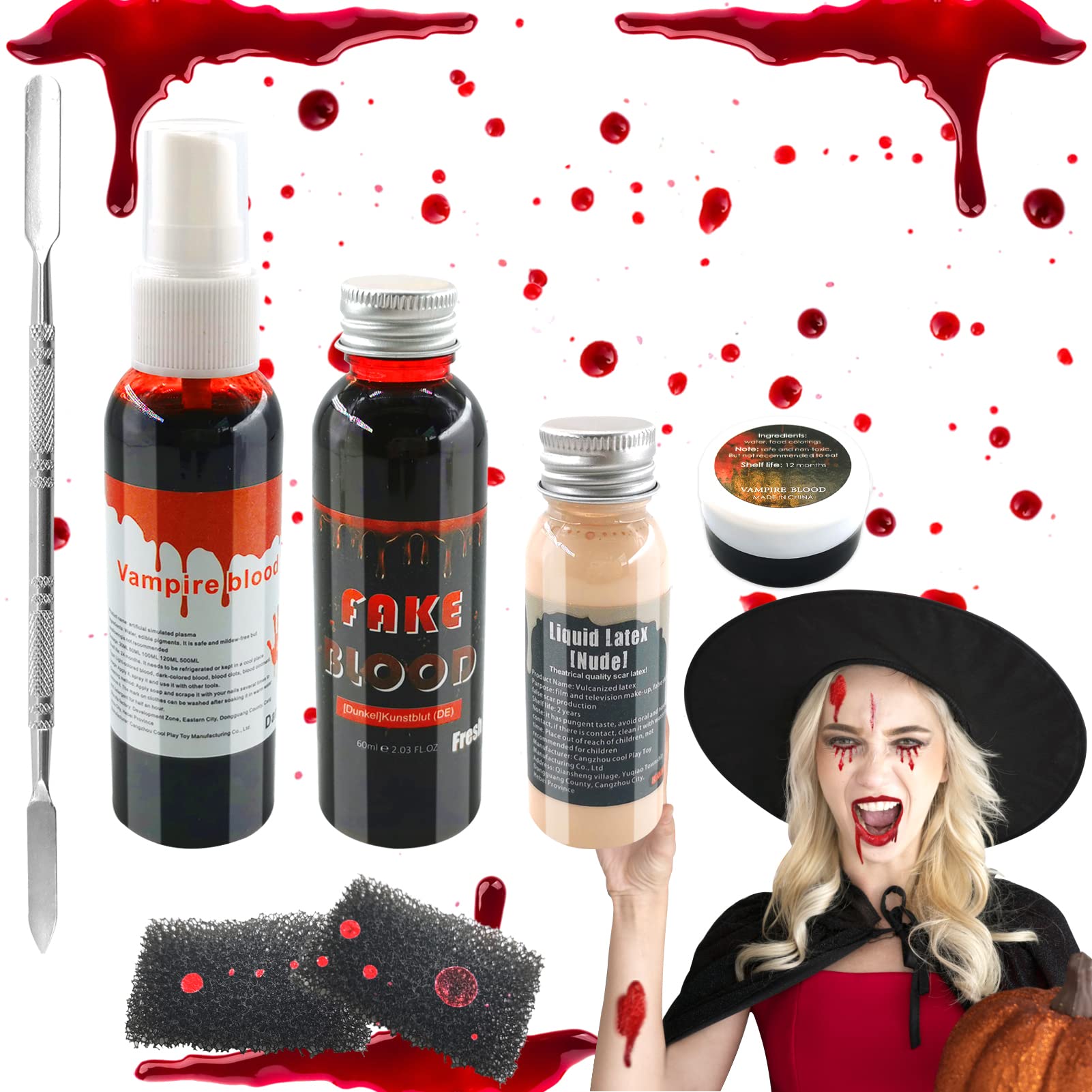 TOPJOWGA Fake Blood Gel - Halloween Special FX Makeup Kit with Sponge & Spatula for Scary Costumes