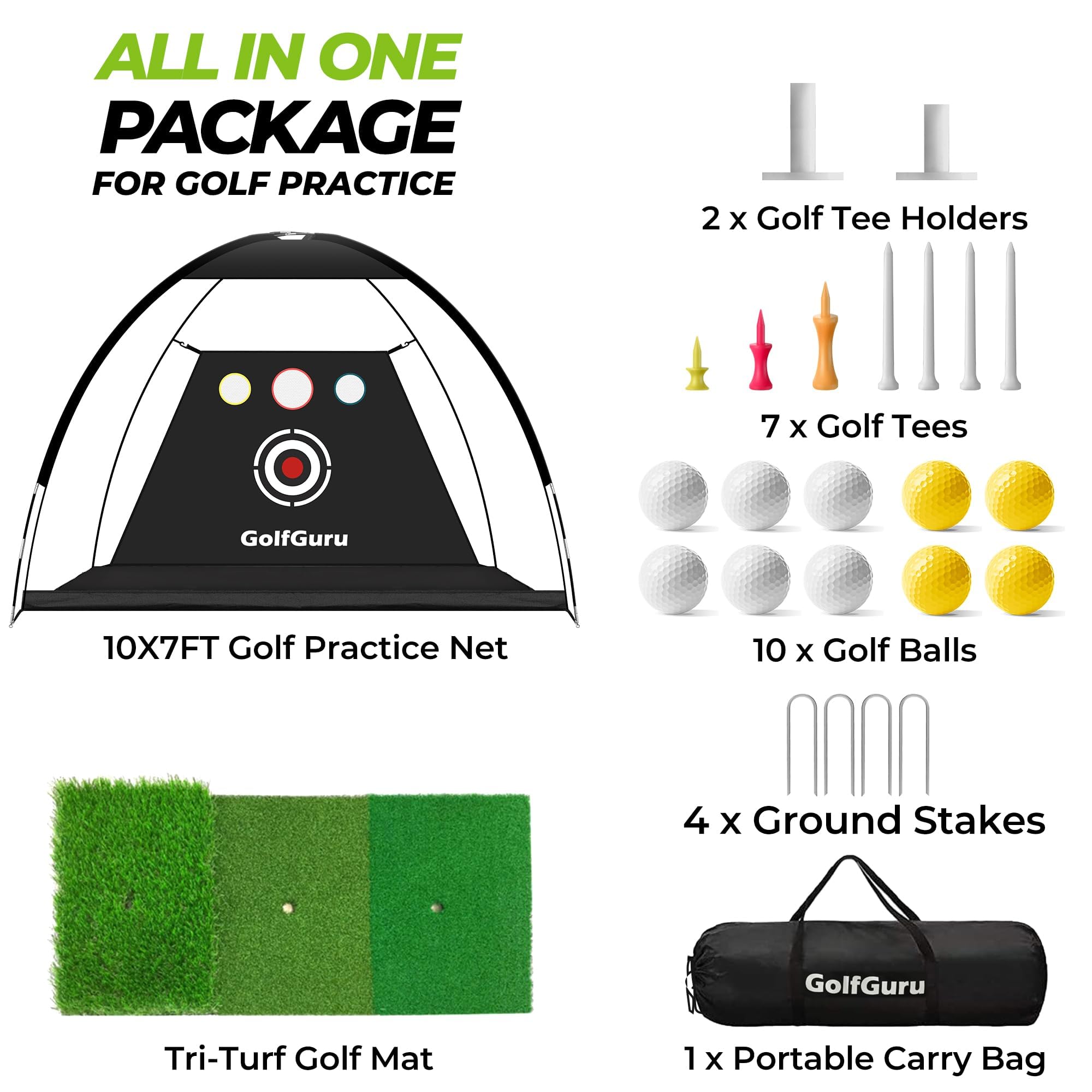 Premium 10x7ft Golf Practice Net with XL Tri-Turf Mat - Includes 10 Golf Balls, 7 Tees & 2 Rubber Tees - Perfect for Backyard Driving, Chipping & Indoor Training - Great Golf Gift for Men & Beginners
