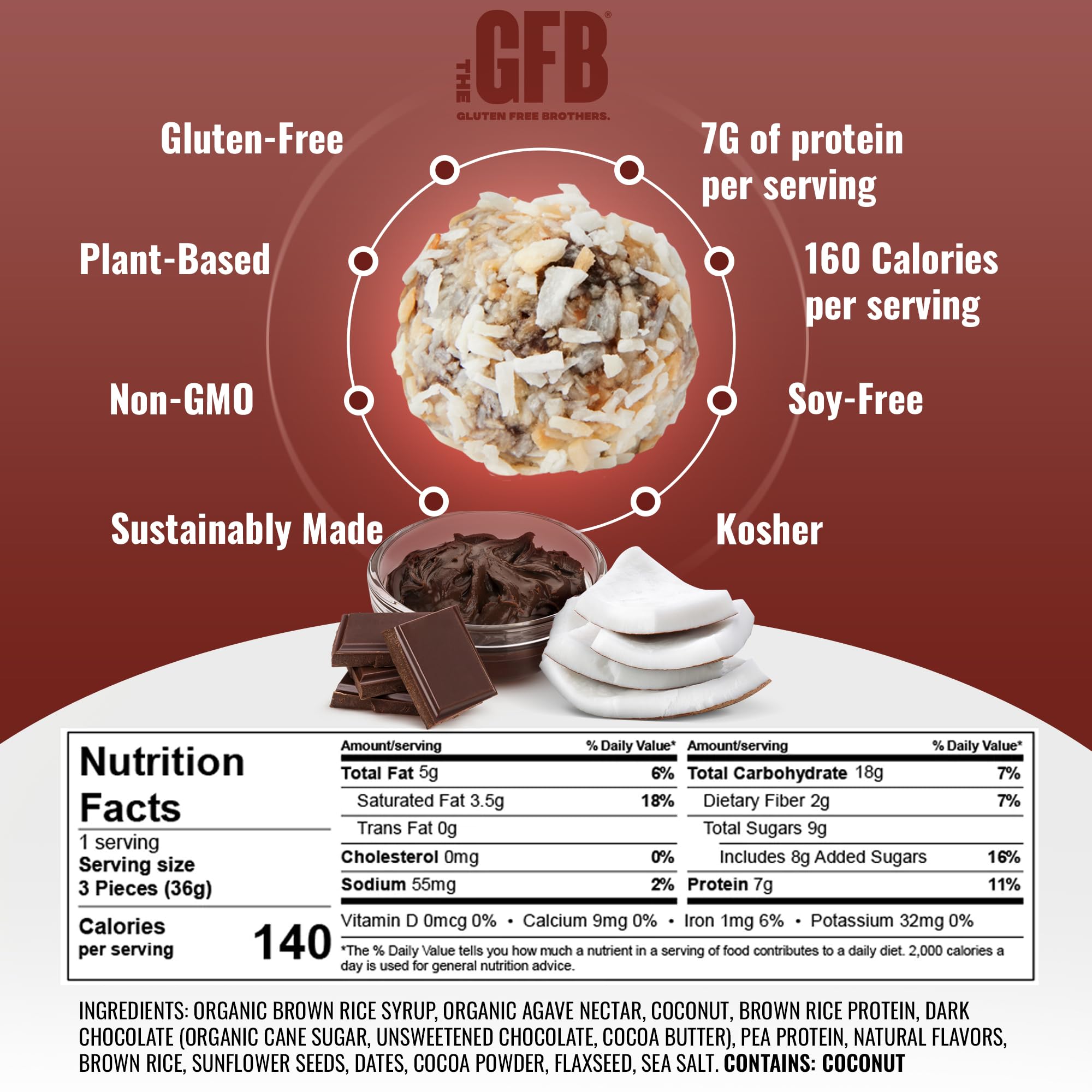 GFB Dark Chocolate Coconut Protein Bites - Gluten Free, Vegan, Plant-Based Protein Snacks, Non-GMO, Sustainably Made - Healthy Energy Balls for Workouts, Hiking & On-the-Go Snacking, 1.2oz (10 Count)