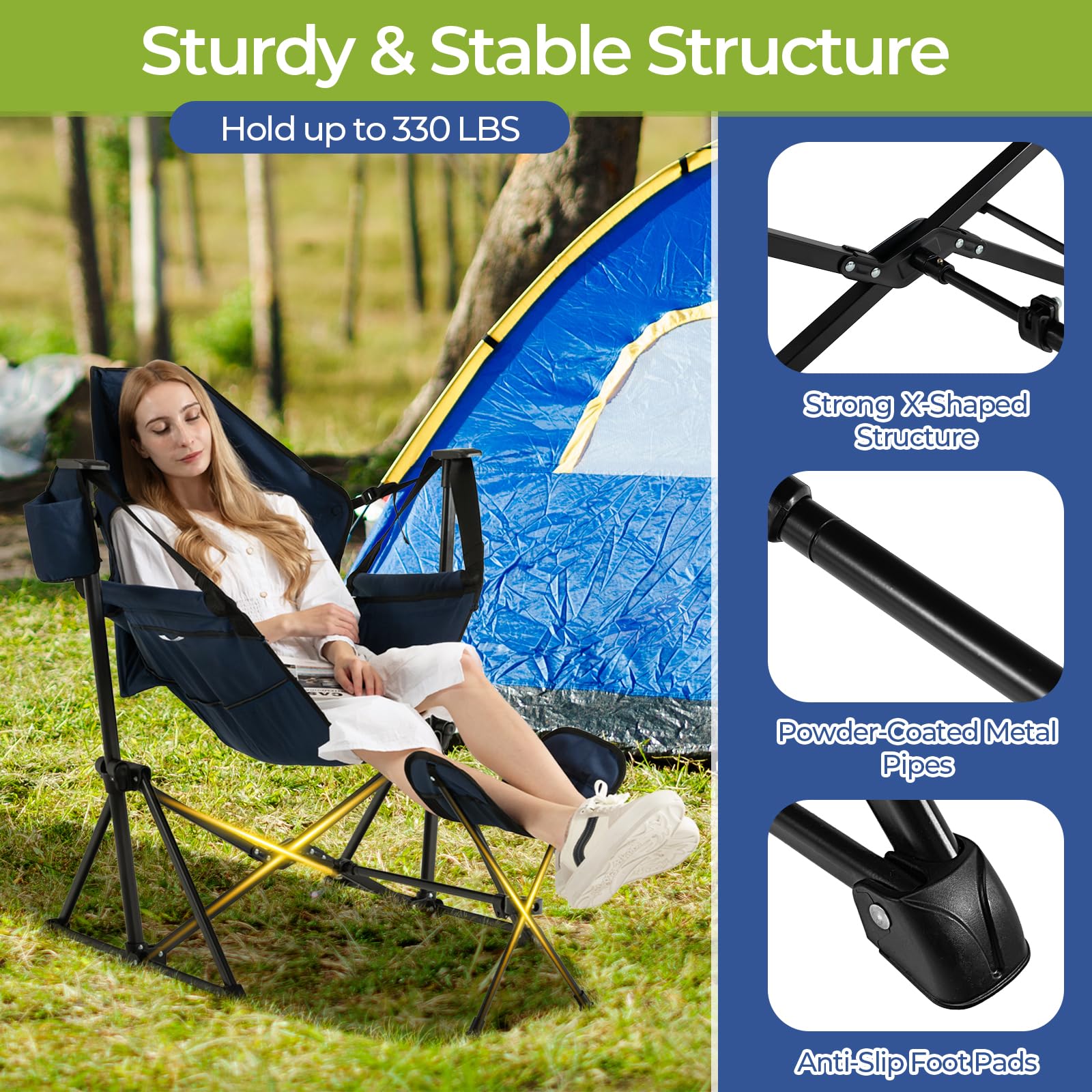 GYMAX Portable Folding Camping Chair with Detachable Footrest & Adjustable Backrest - Lightweight Hammock Rocking Chair for Outdoor, Beach, Lawn, Fishing - Includes Pillow, Cup Holder & Carrying Bag (Navy Blue)