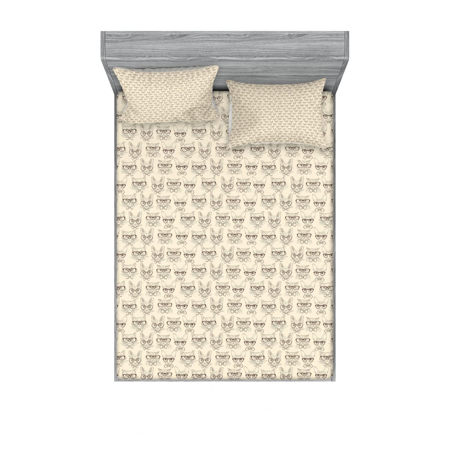 Ambesonne Hipster 2-Piece King Size Fitted Sheet Set with 4 Pillow Shams - Cat with Necktie & Glasses Print, Beige & Chocolate Bedding Decor for Modern Bedroom | Perfect for Guest Rooms, Dorms & Cozy Home Decor