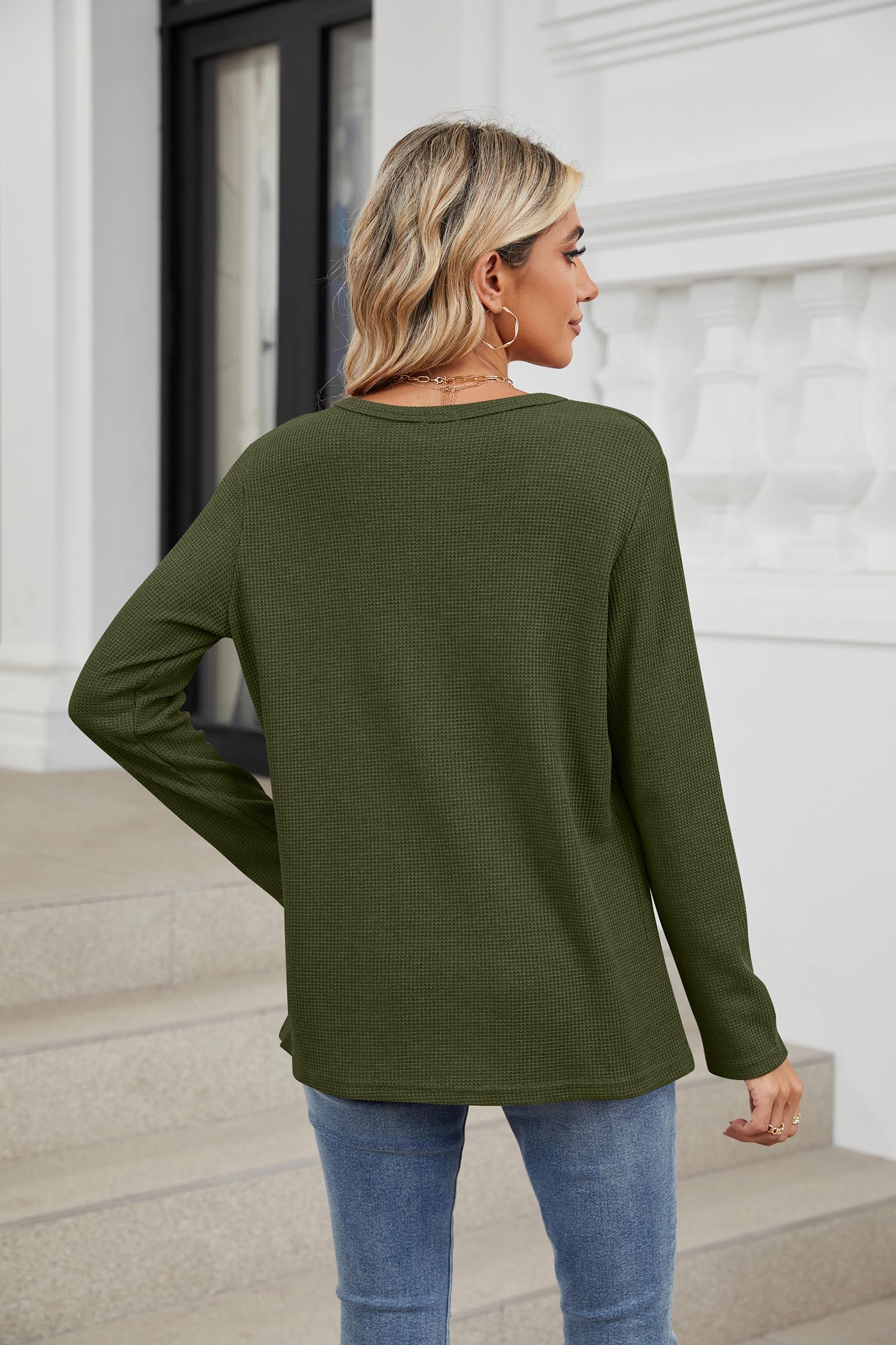 Women's V-Neck Waffle Knit Long Sleeve Tunic T-Shirt - Casual Solid Pullover Sweater Top for Everyday Wear, Office & Fall Outfits