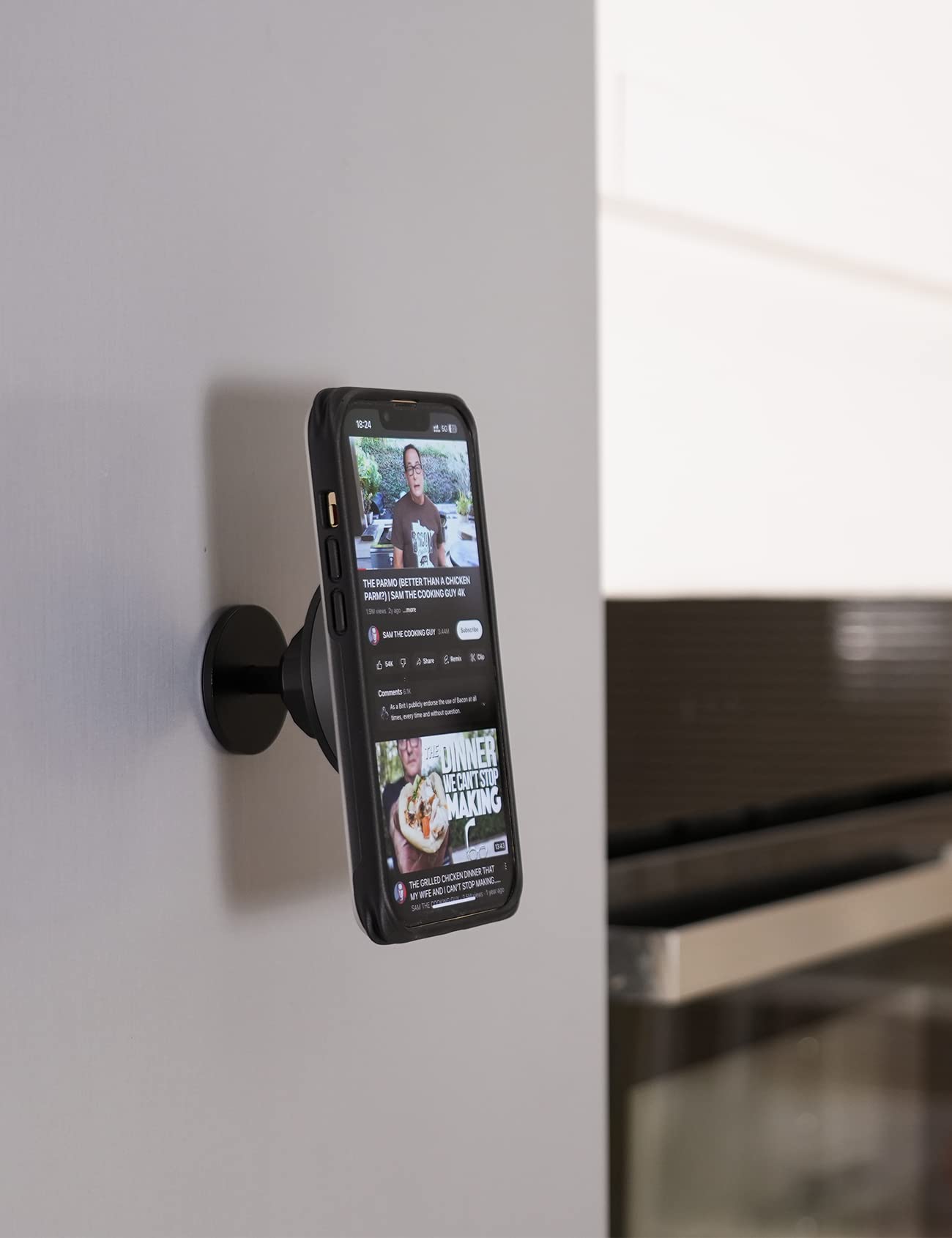 Lamicall Universal Phone Mount with 3M VHB Adhesive - Secure Wall Mount for iPhone & Smartphones (Black) - Portrait & Landscape Viewing - Perfect for Kitchen, Bathroom & Office Use