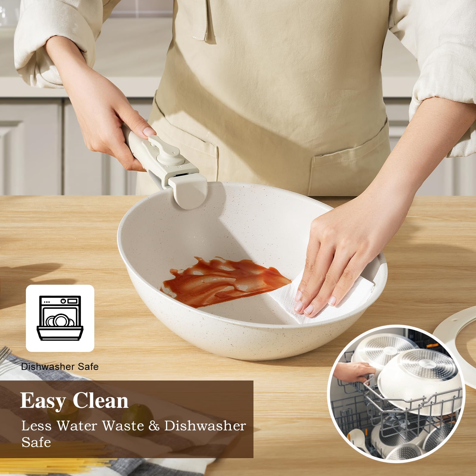 20-Piece Non-Stick Pots and Pans Set with Detachable Handles - Stackable Granite Cookware for Induction, RV & Kitchen - Dishwasher & Oven Safe Cream White - Perfect for Camping, Small Spaces & Everyday Cooking