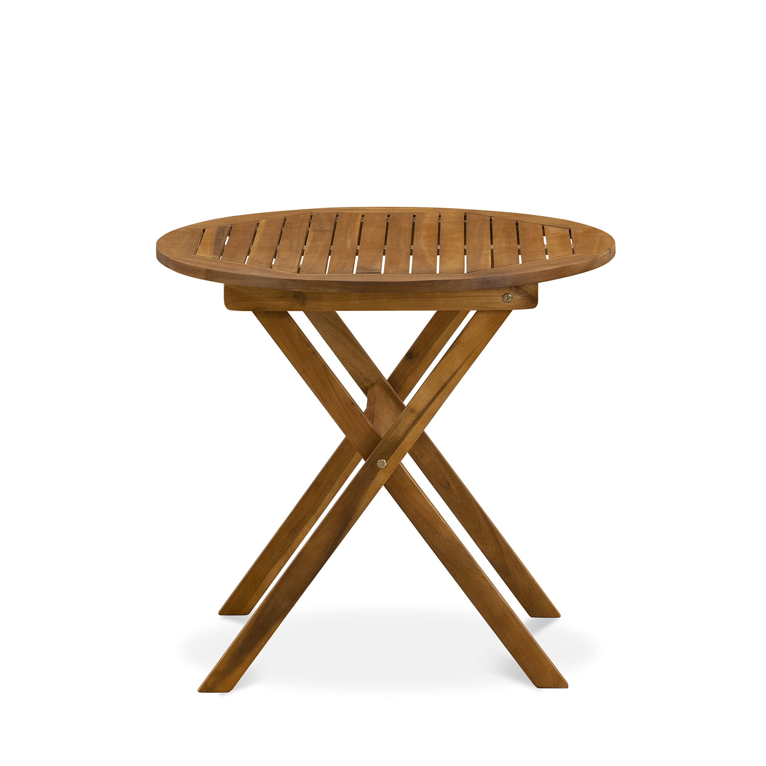 East West Furniture MNCM3CWNA Marion 3-Piece Patio Bistro Set - Round Outdoor Acacia Wood Coffee Table & 2 Folding Chairs, 30x30 Inch, Natural Oil Finish - Perfect for Backyard, Garden, Balcony, or Poolside Relaxation