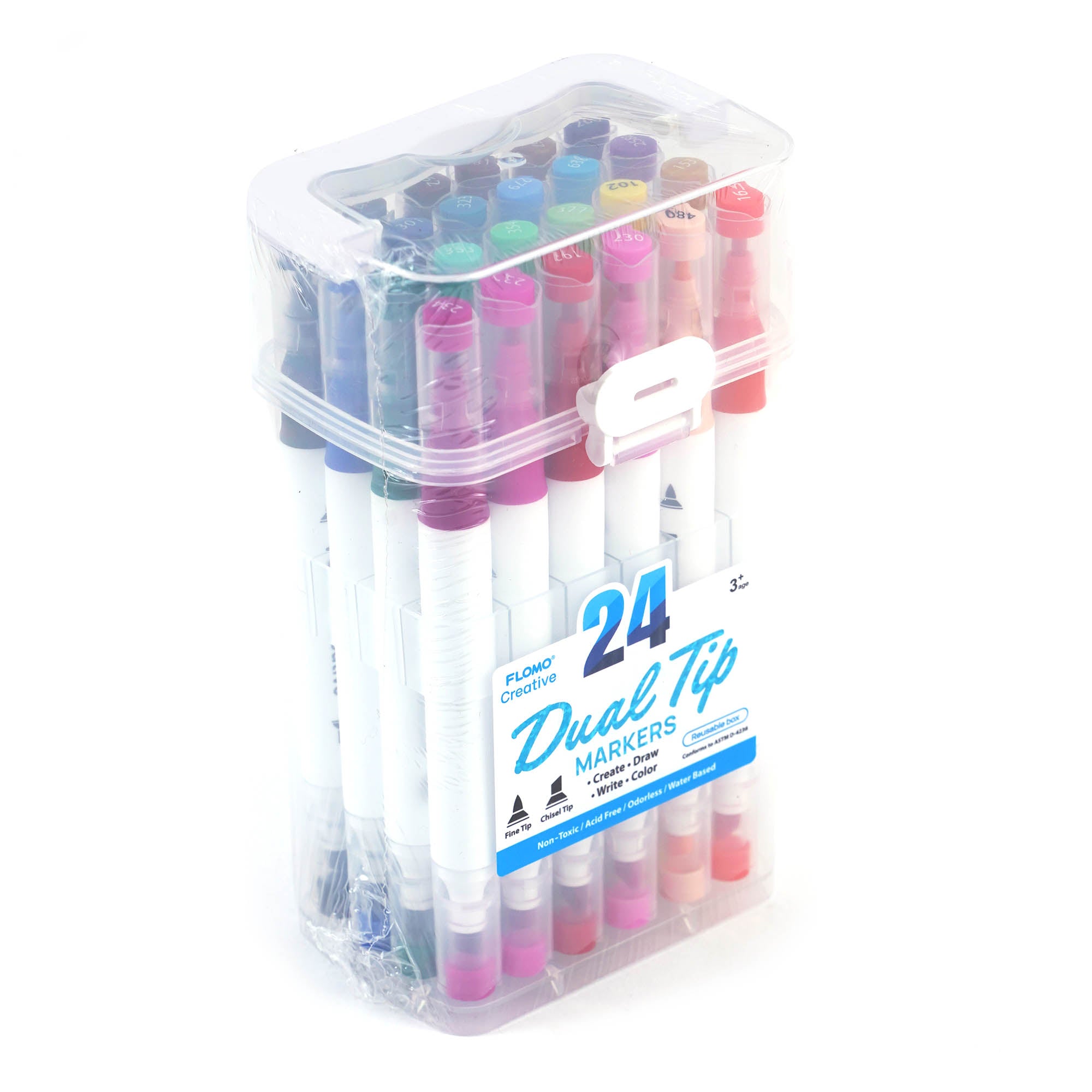 24-Pack Dual Tip Chisel & Fine Tip Markers Set - Reusable Carrying Case with Handle - Perfect for Art, Calligraphy, Coloring Books & DIY Crafts