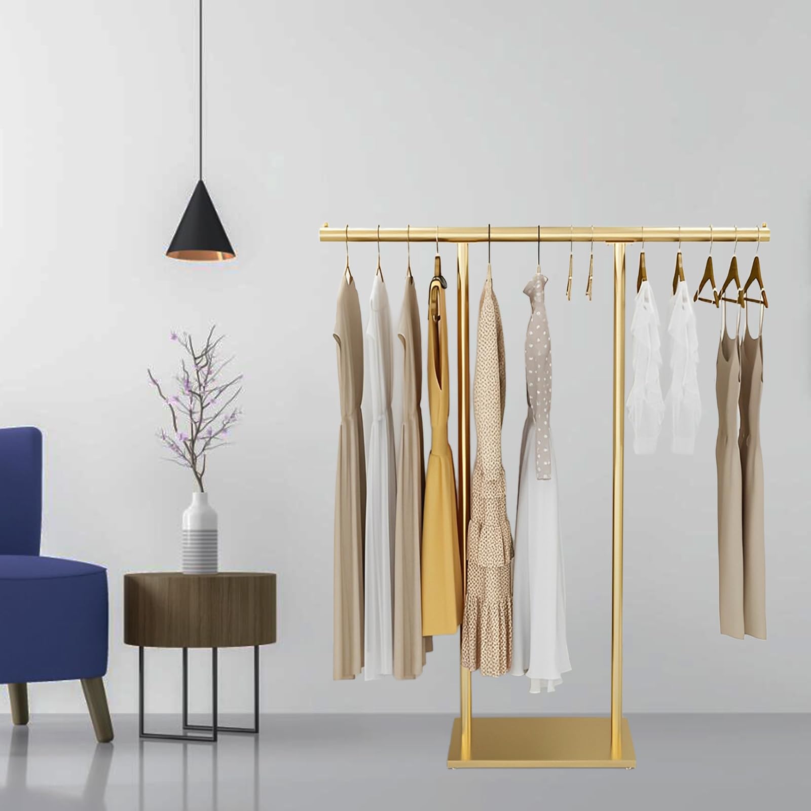 Premium Gold Clothing Rack for Boutique - Double Pole Supported Stable Metal Garment Display Stand - Freestanding Retail Clothes Rack for Bedroom, Laundry Room & Store (39.37