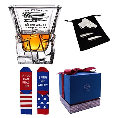 Patriotic Whiskey Glass Set - Hand-Etched American Flag Design with Stones | Perfect July 4th Gifts, Citizenship Celebration & Birthday Presents for Men | Great for BBQs, Parties & Home Bar Decor