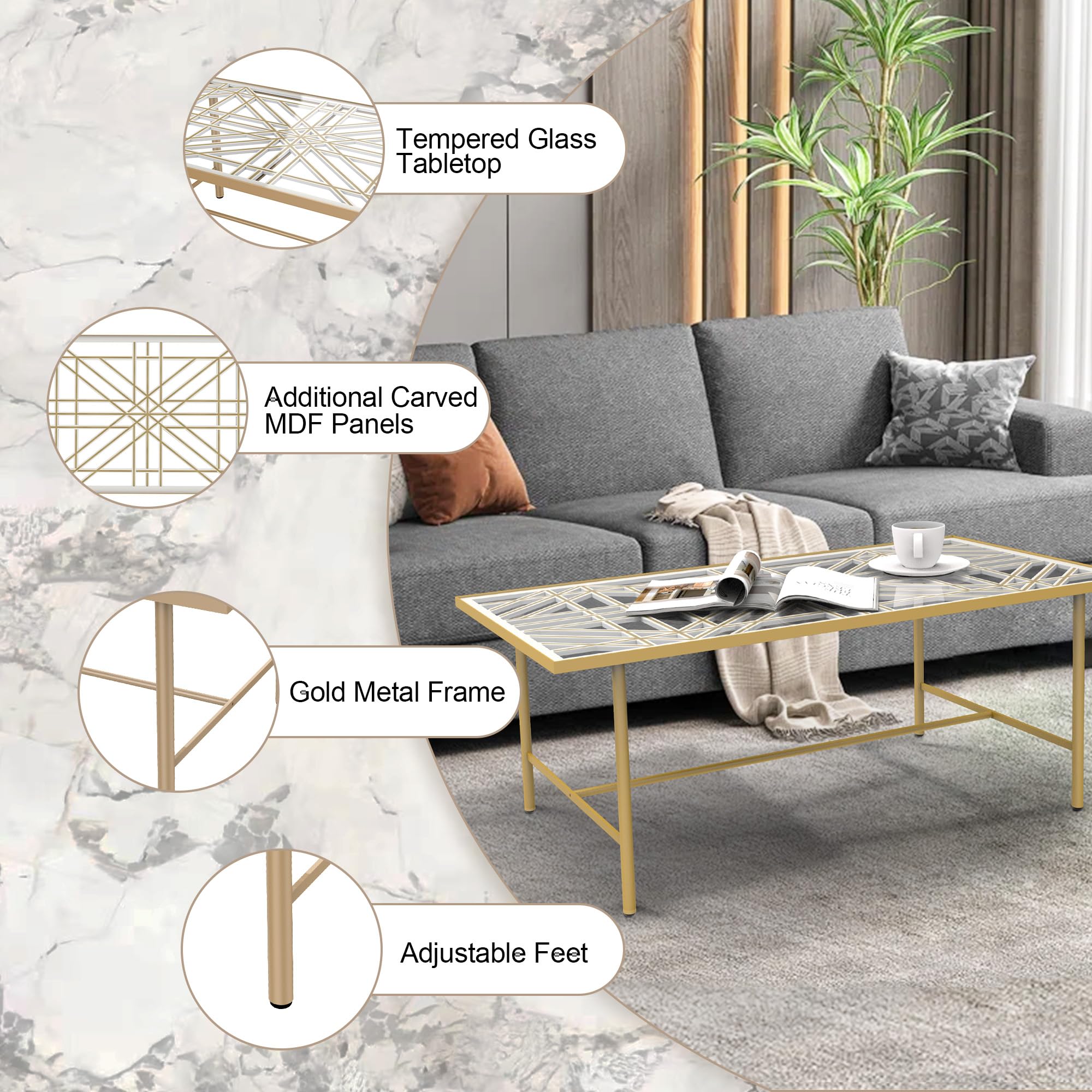 3D Hollow Carved Wood Panel Glass Coffee Table - Modern Metal Frame Center Table with Hand-Painted Gold Lines for Living Room, Office & Lounge - Rectangle Gold Accent Table for Home Decor & Entertaining