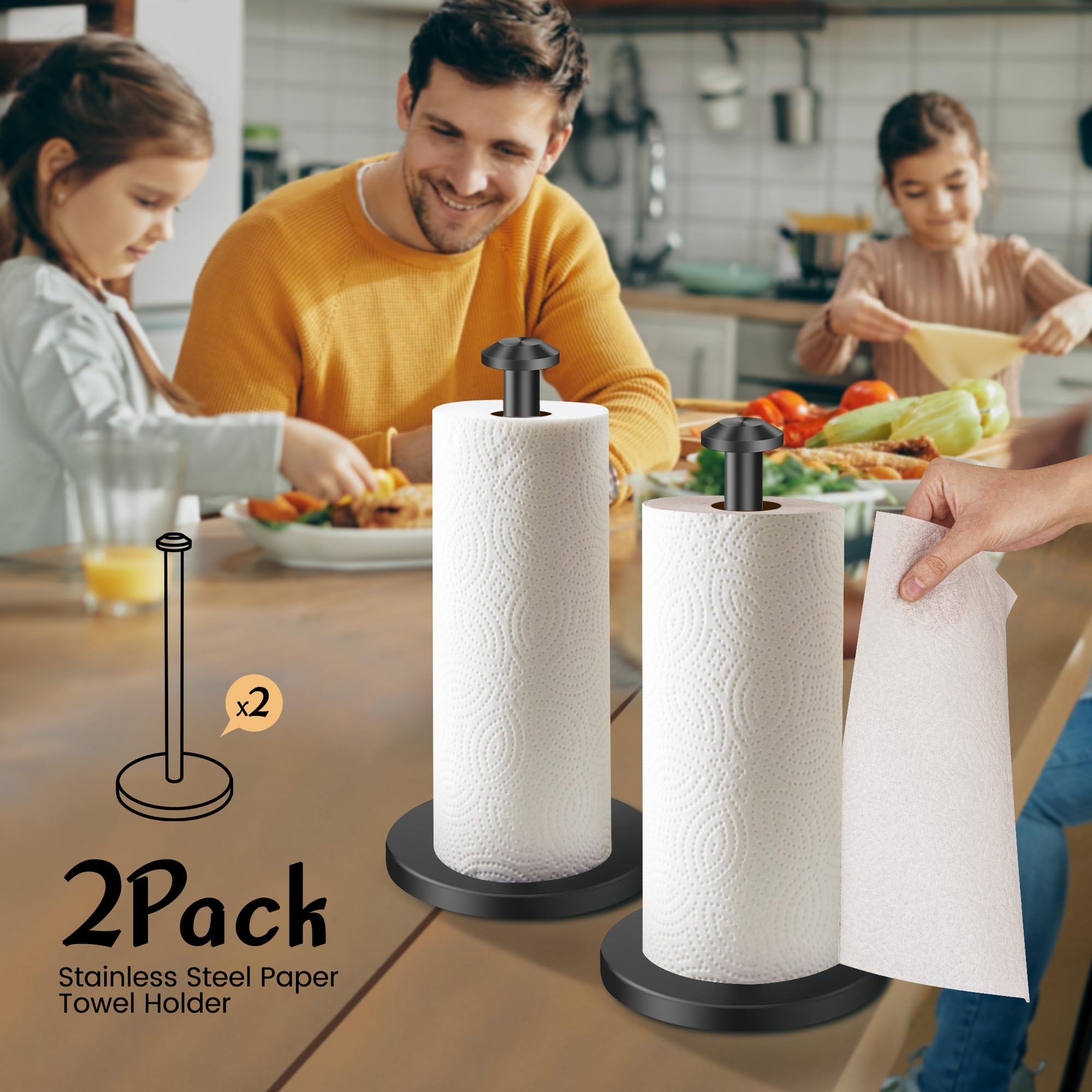 AOSION 2 Pack Stainless Steel Paper Towel Holder - Countertop Kitchen, Bathroom & Bedroom Organizer - Durable & Stylish Black Towel Stand for Home & Office Use
