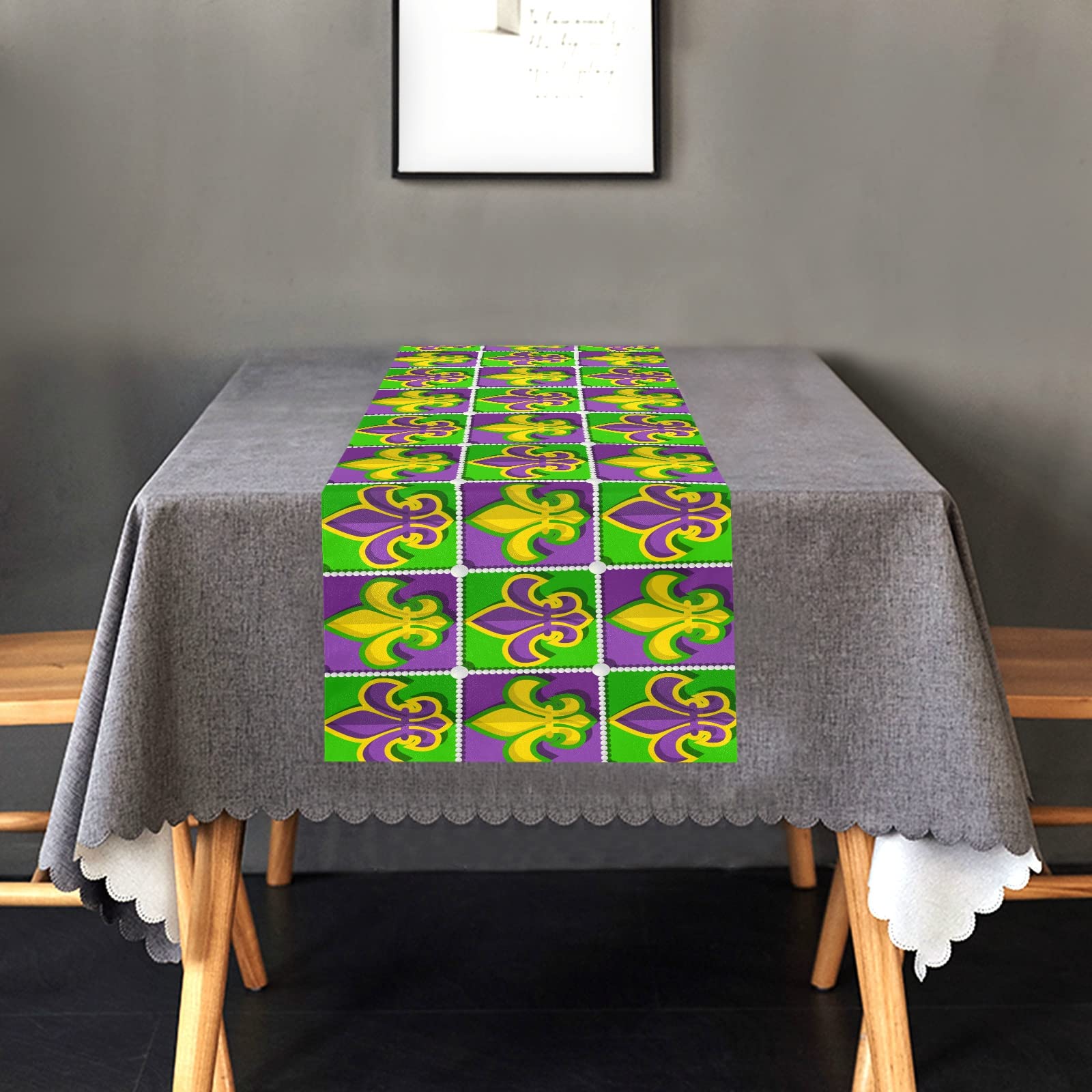 Emelivor 90-inch Mardi Gras Fleur De Lis Table Runner - Elegant Dining Table Scarf for Christmas, Fall & Farmhouse Decor - Perfect for Holiday Dinners, Kitchen Accessories & Home Decoration
