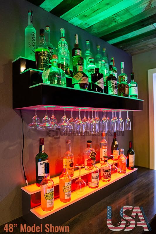 3 Tier Wall Mounted Liquor Bottle Shelf with Wine Glass Rack & LED Lights - 12 Bottle Capacity - Perfect for Home Bar, Kitchen, Dining Room, and Entertainment Areas