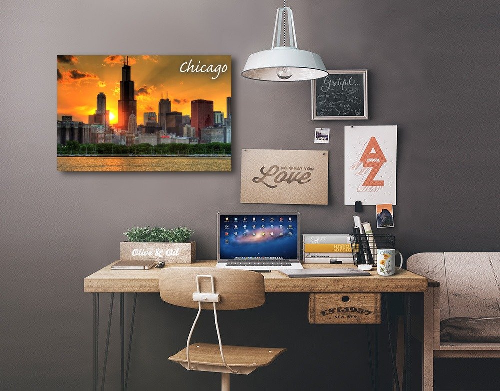Lantern Press Chicago Illinois Skyline at Sunset - 16x24 Wrapped Canvas Wall Art for Home & Office Decor - Perfect for Living Room, Bedroom or Gift