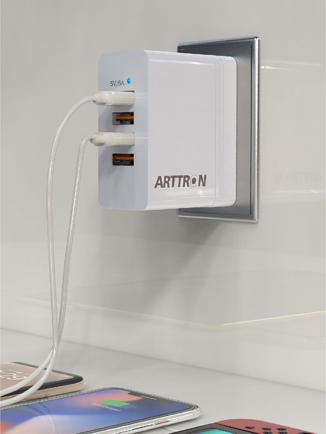 30W 4-Port USB Wall Charger Fast Charging Adapter - Arttron Compact Foldable Plug Multi-Port Charger for iPhone 15/14/13, iPad, Samsung Galaxy, Tablets & Smartphones - Perfect for Home, Office & Travel Use