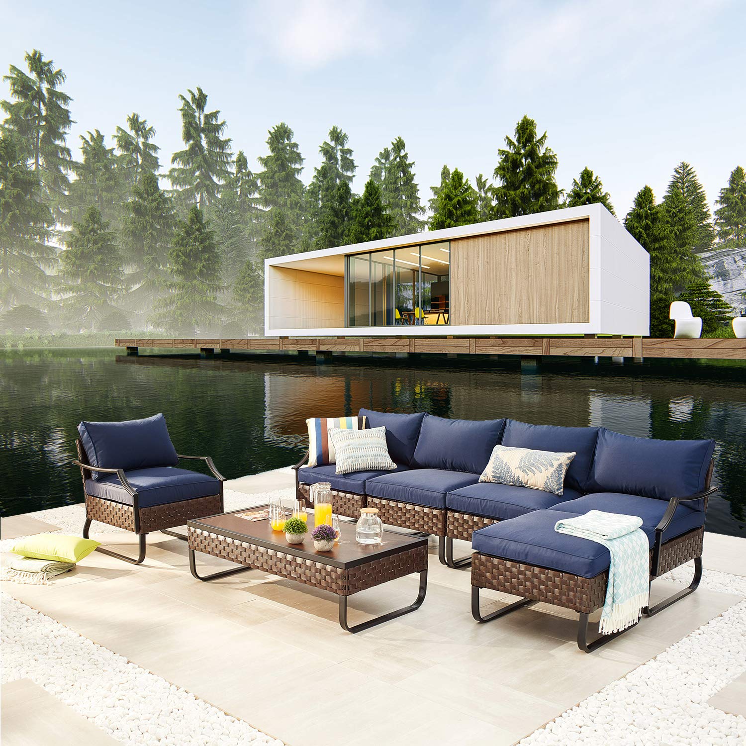 7-Piece All-Weather PE Rattan Patio Furniture Set - Outdoor Sectional Sofa with Coffee Table, Ottoman & Removable Cushions (Blue) | Perfect for Backyard, Poolside & Garden Relaxation