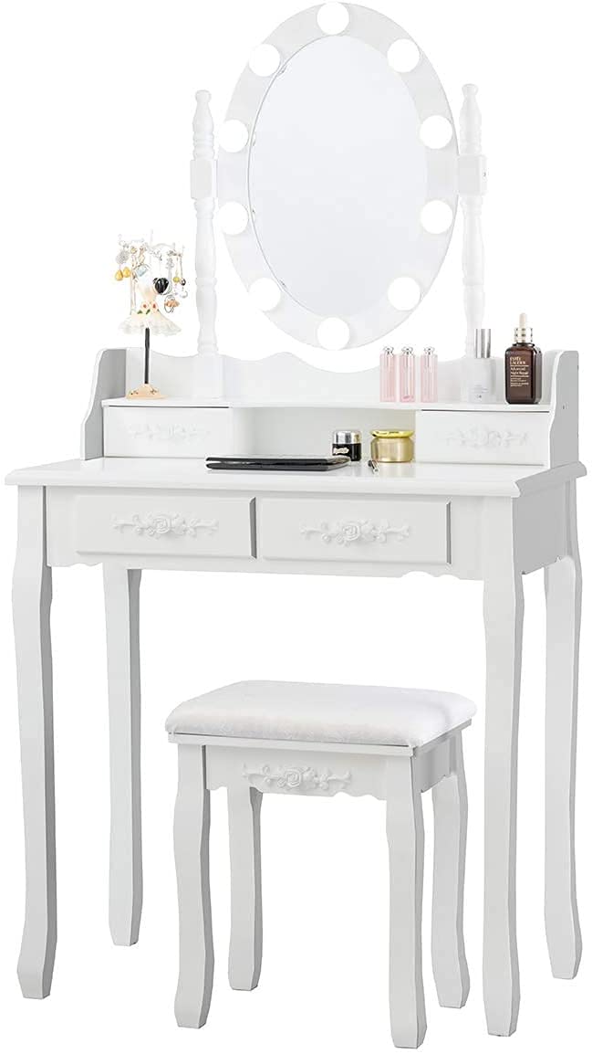 LDAILY Vanity Table Set with Lighted Mirror - 10 LED Lights, 4 Drawers & Oval Dressing Desk with Cushioned Stool for Women & Girls (White/Black/Dark Brown) | Perfect for Bedroom Makeup, Skincare & Hair Styling